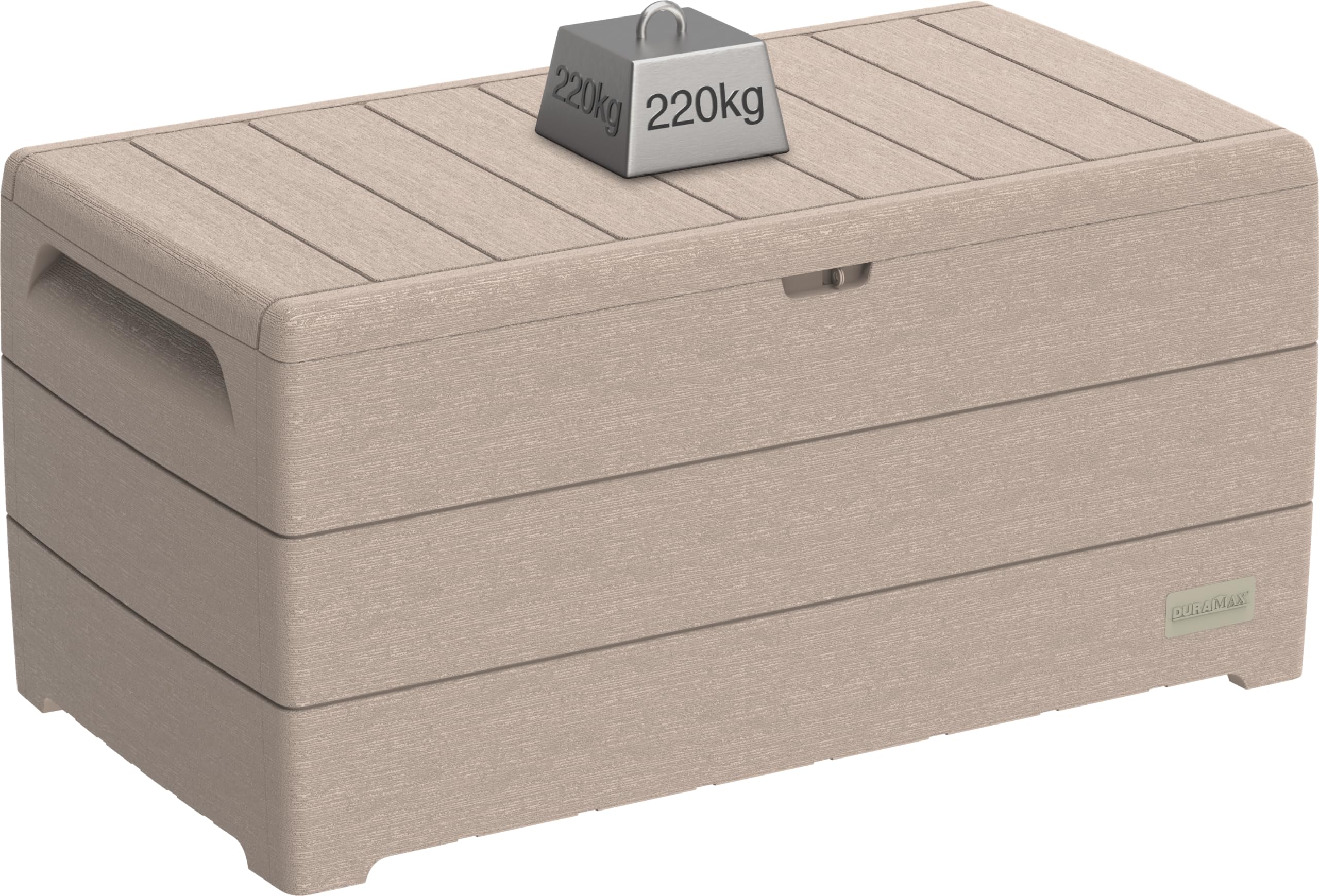 Duramax Cedargrain Durabox 270 Litri/ 71 Galloni Baule da Giardino, Cassapanca Contenitore da Esterno in plastica con ruote e maniglie, Scatole Per Esterni, Tortora caldo, 55.7 x 45.3 x 117.2 cm