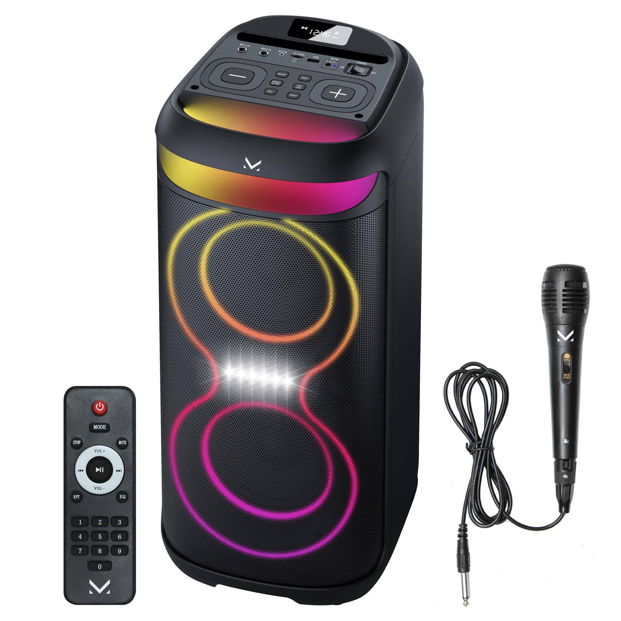 Majestic FIRE 38 – Speaker Wireless audio 5.3, Luci LED multicolor 6 effetti, ingressi USB/Micro SD/AUX/Mic, TWS, batteria ricaricabile, telecomando e microfono a filo inclusi
