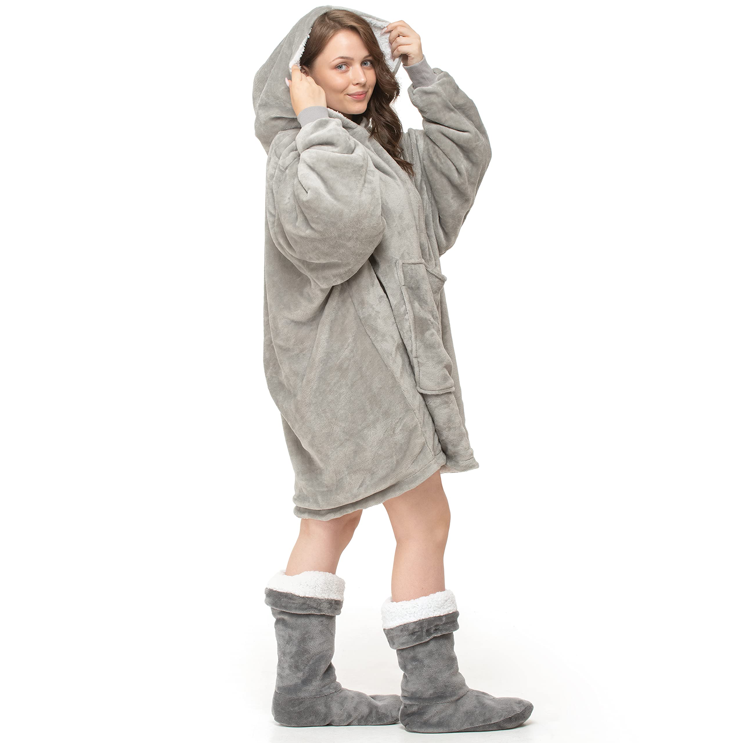 Oversize Teddy Sherpa Cuddly Cosy Sweatshirt Hoodie Double Layer Thermal Giant Blanket with Front Pocket Adults Teens Mens Womens (Silver)
