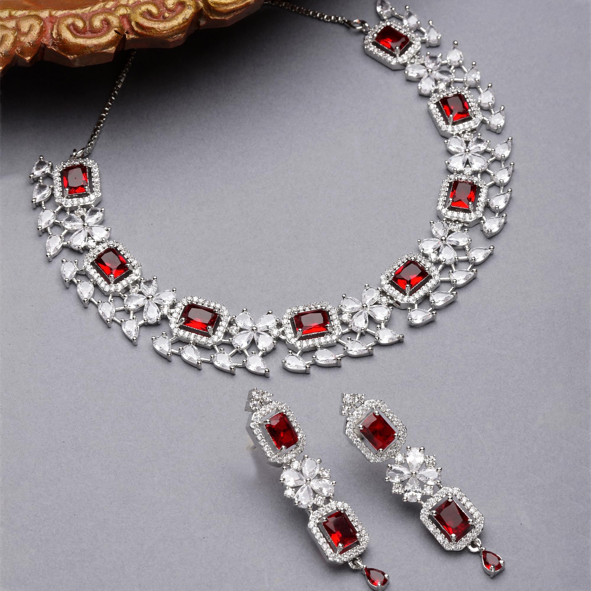 Rhodium-Plated American Diamond Necklace and Earrings Set