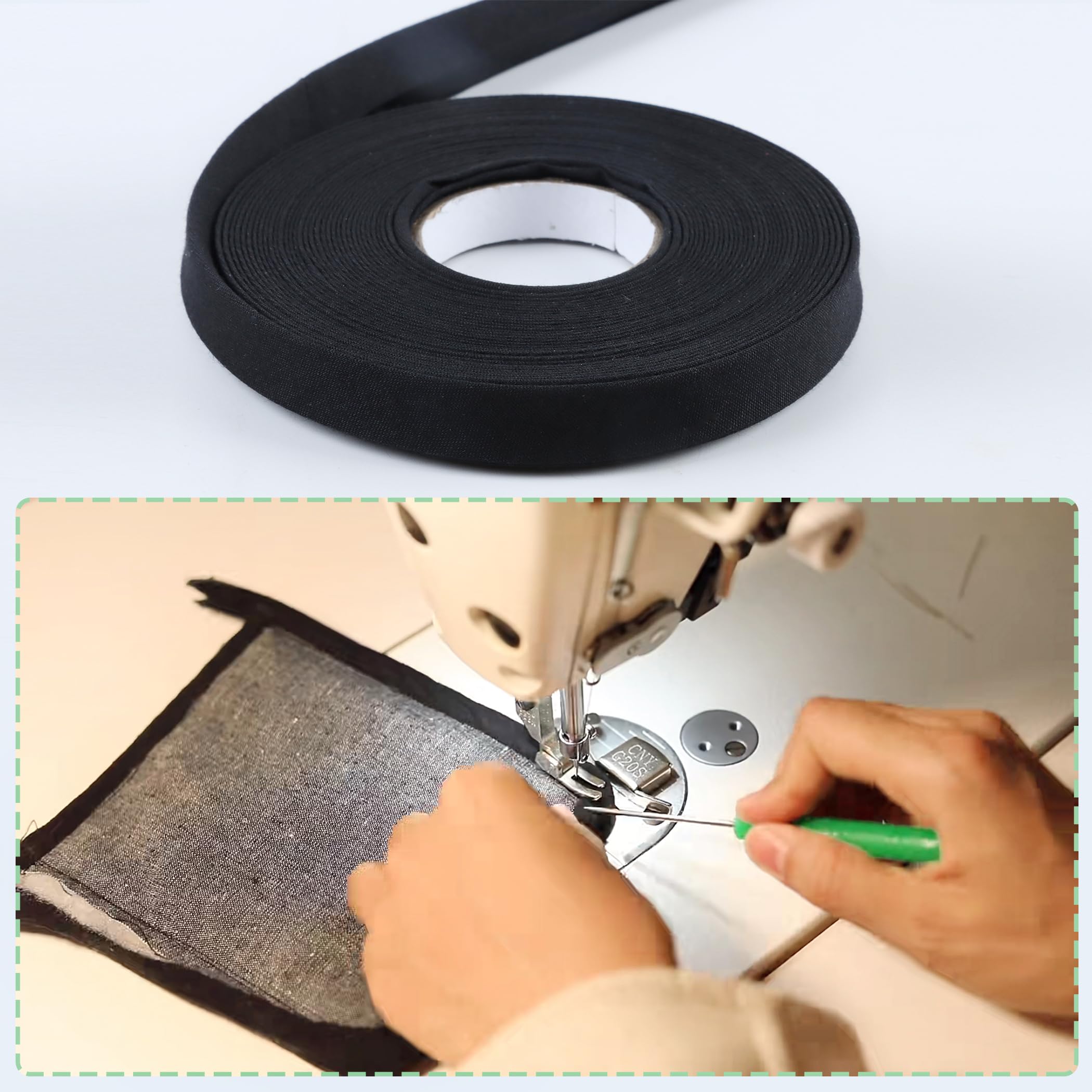 Cinta al bies de doble pliegue de 1/2 pulgada, cinta de encuadernación al bies de 10 yardas, cinta de tela para costura, dobladillo, costura, acolchado (negro)