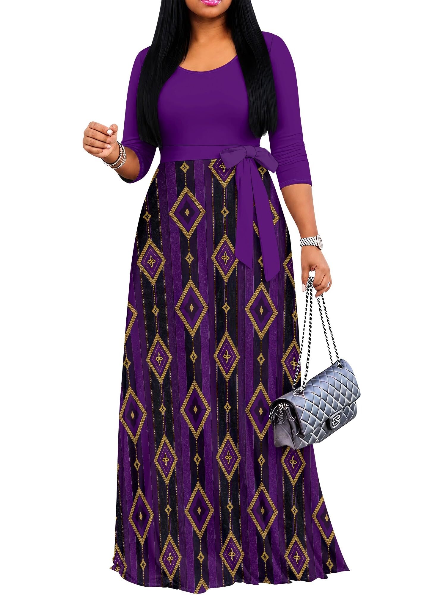 PinkPatty Women's Print Maxi Dresses 3/4 Sleeve Flowy Long Dress V Neck Wrap Tie Waist Sundress
