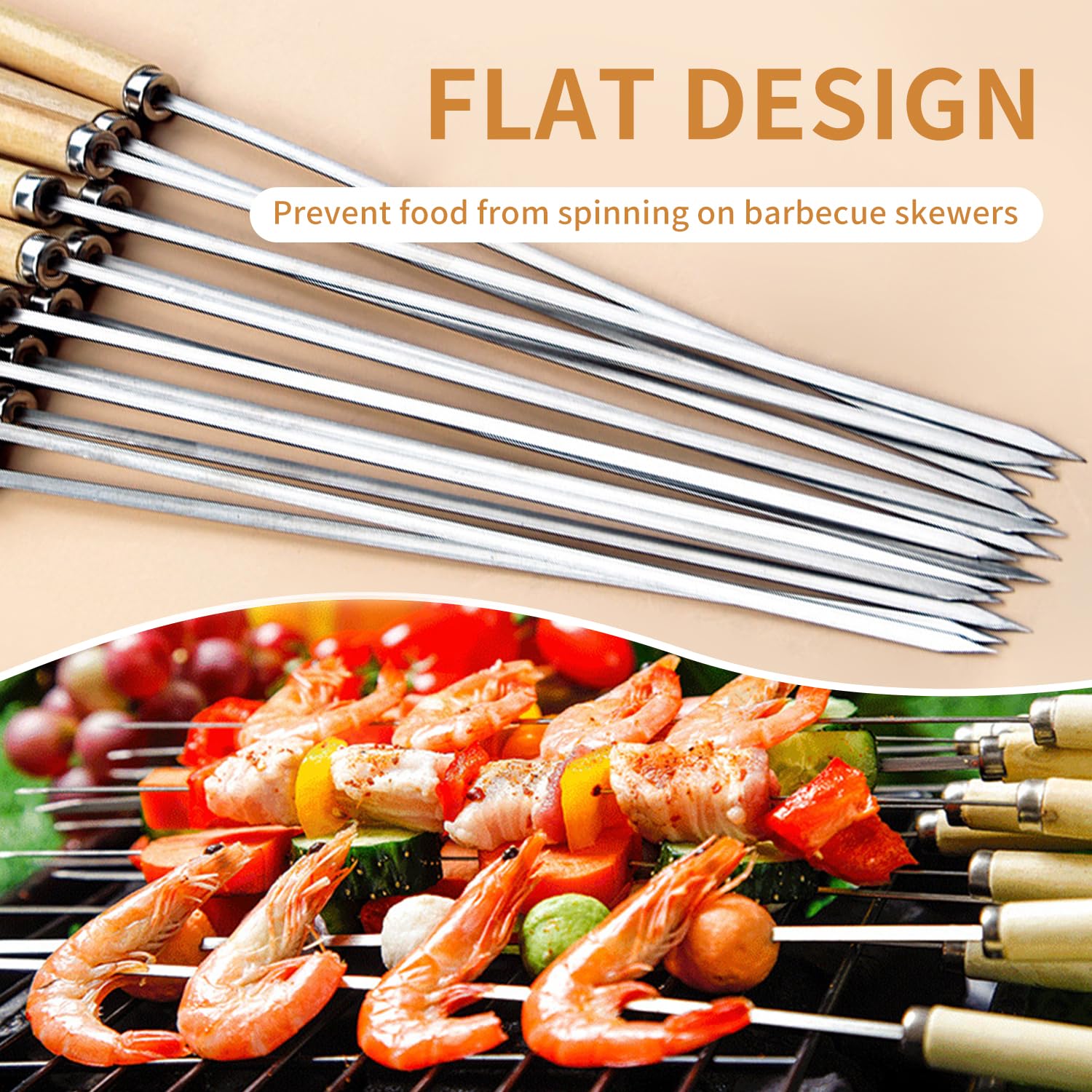 SooGree Kabob Skewers BBQ Barbecue Skewers Stainless Steel Skewers with Nonslip Wooden Handle Flat Skewer for Grilling Reusable Chicken Vegetables 13.7 Inch Set of 30