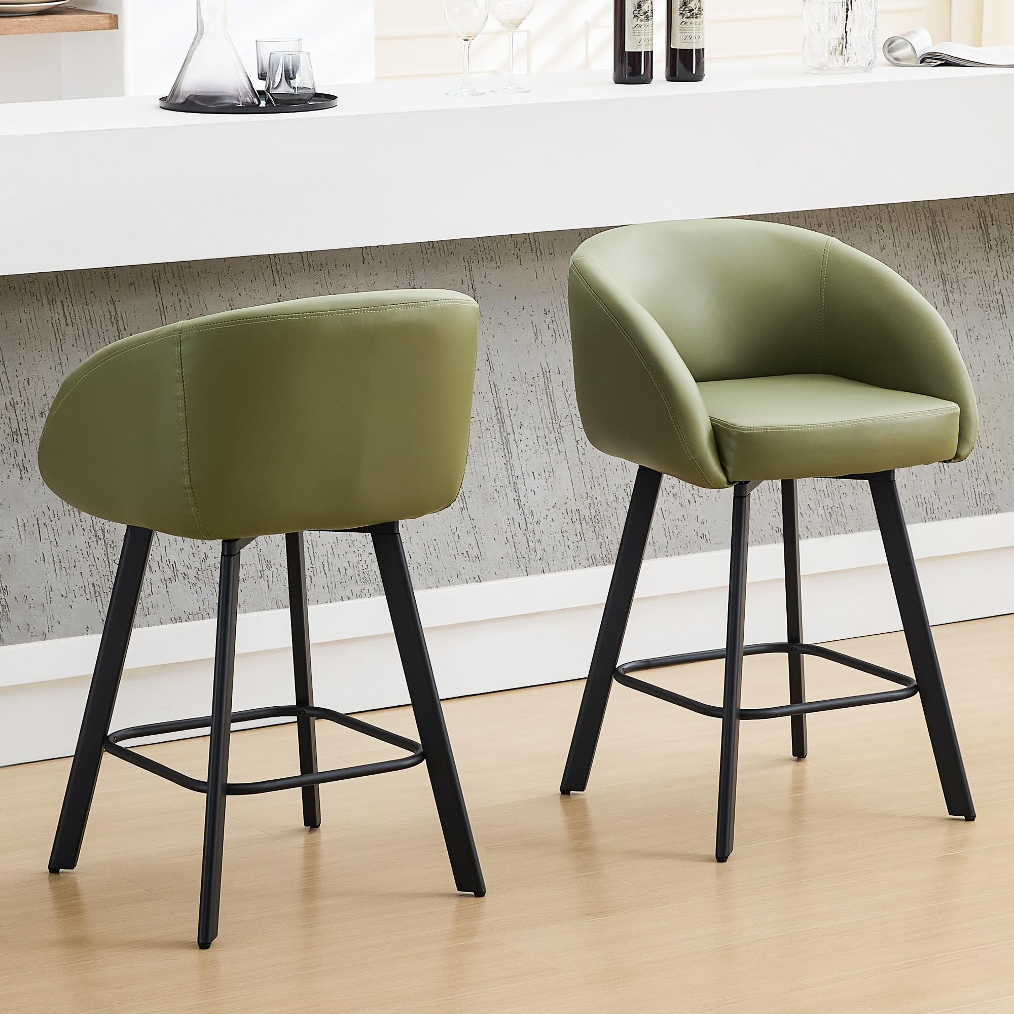 Bar Stools 26" Swivel Counter Height Bar Stools with Back and Armrest, Faux Leather Kitchen Barstools Counter Height for Kitchen Island (2PCS Avocado Green, 26 Inch)