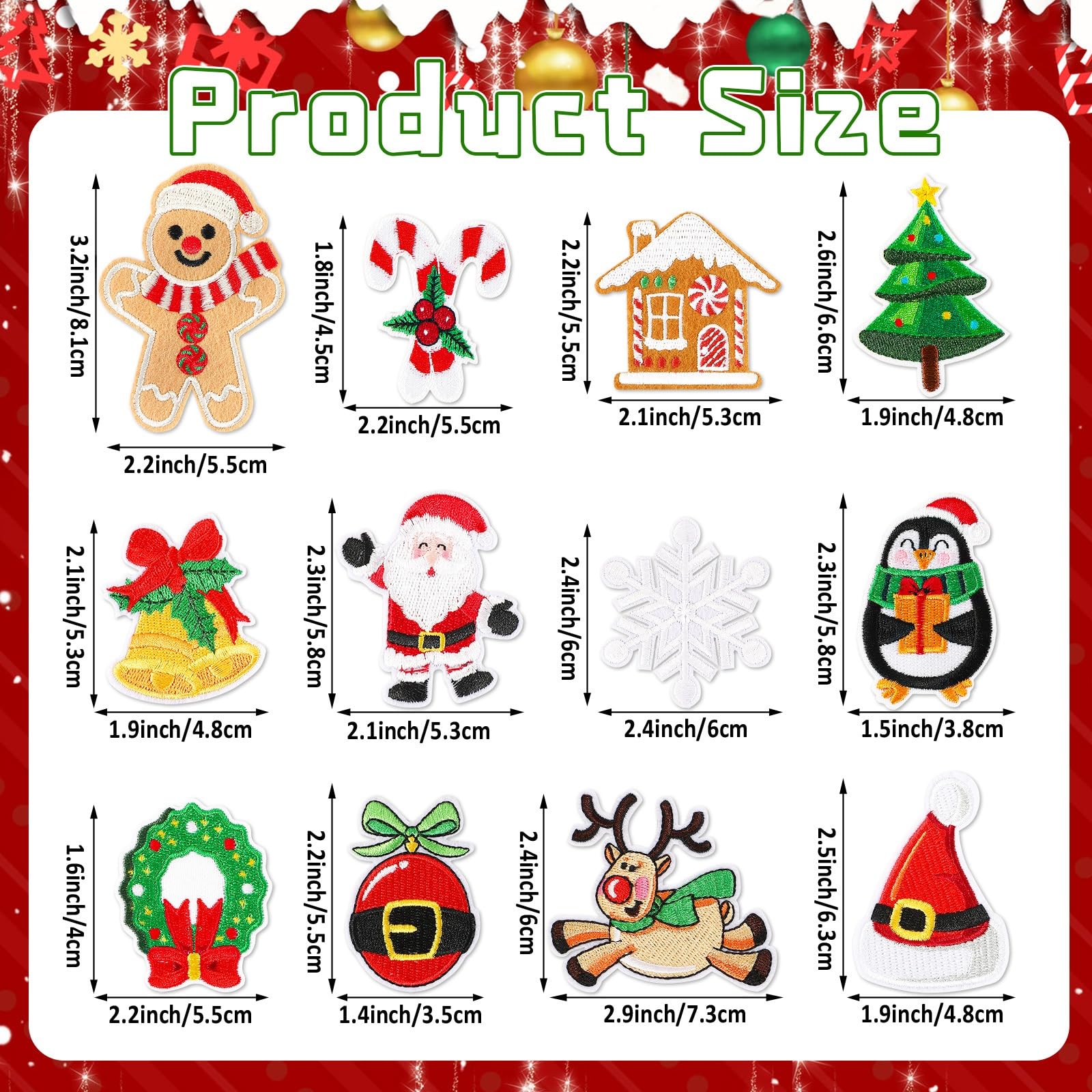 AUGSUN 60 parches de Navidad para planchar, estilos surtidos, bordados de Navidad, parches de reparación de Papá Noel, árbol de Navidad, corona, muñeco de nieve, alce, ángel, reno, bastón de caramelo,