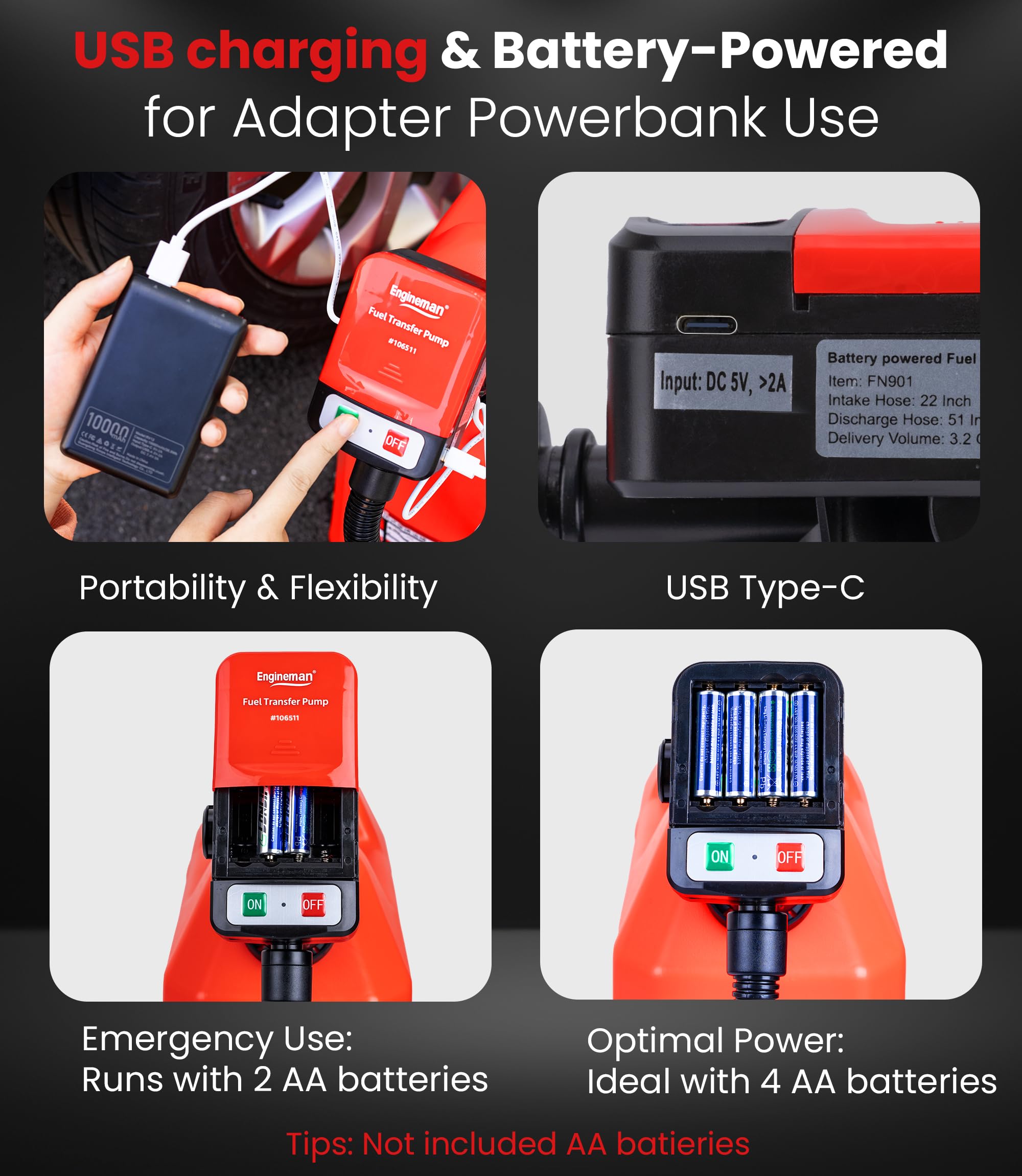 Zasilana baterią pompa transferowa paliwa USB z ręczną dyszą odcinającą, klips mocujący, bardzo długi wąż, 4 adaptery, pompa gazowa idealna do benzyny, oleju napędowego, transferu nafty