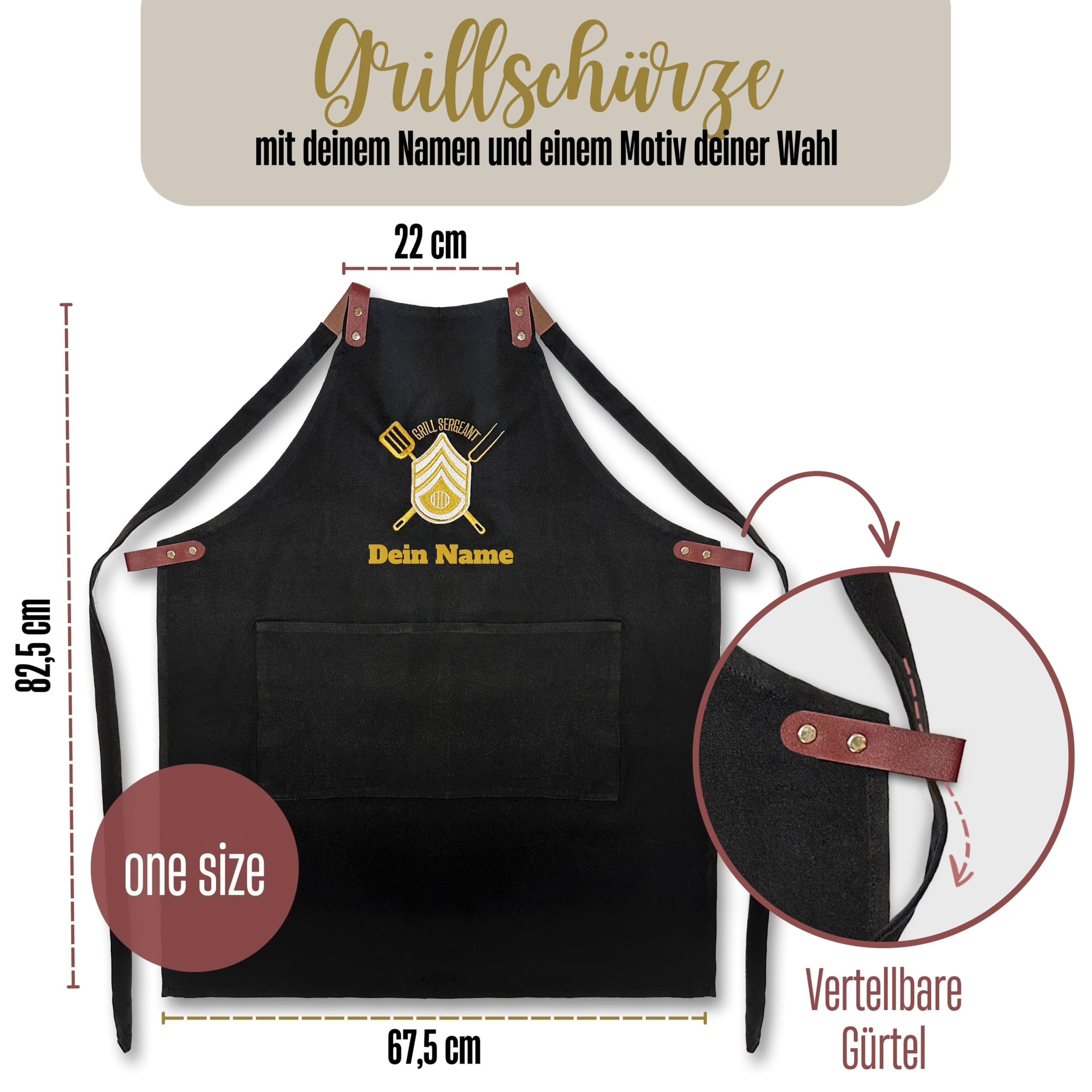 Grillschürze personalisiert mit Motiv & Wunschtext bestickt - Individuell personalisierte Kochschürze aus hochwertiger Baumwolle als besonderes Geschenk