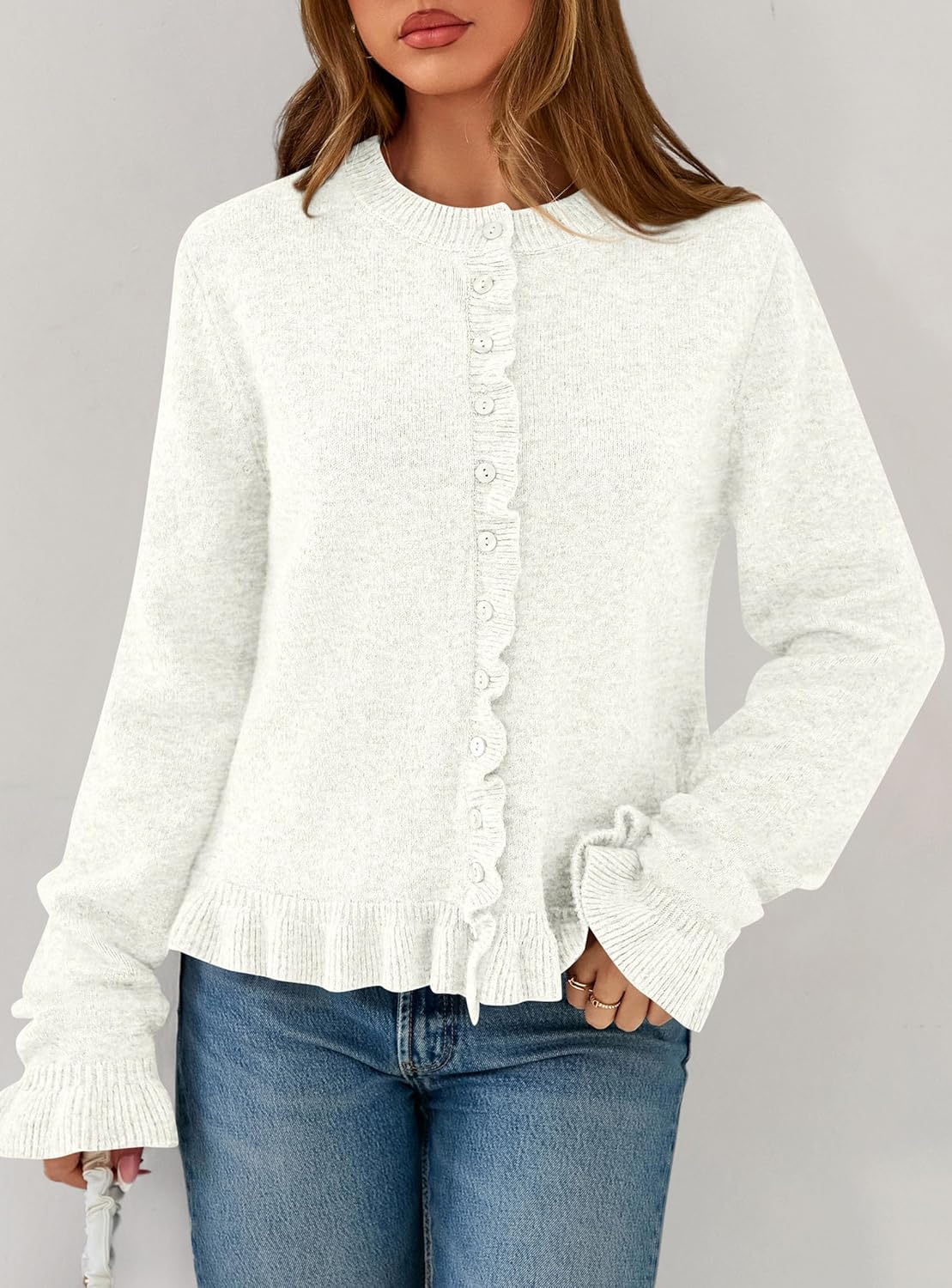 PRETTYGARDEN Womens Fall Button Down Cardigans Chunky Knit Ruffle Open Front Cropped Cardigan Sweaters Soft Long Sleeve Tops - Image 5