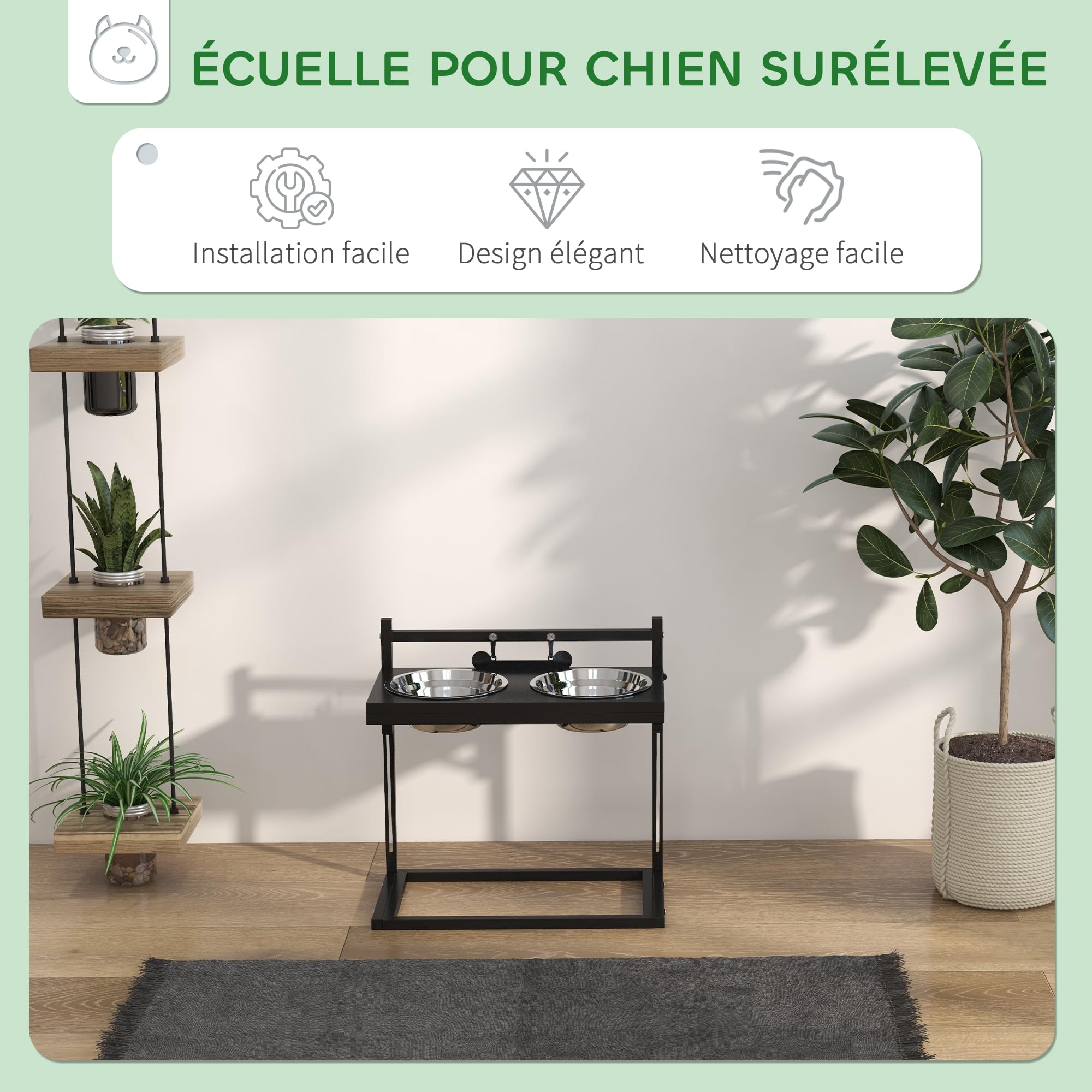 PawHut Gamelles Surrélevées Chien Porte-Gamelle Ajustable 11 à 33 cm Noir | 2 Bols Amovibles en Acier Inoxydable, Plaque Motif Os