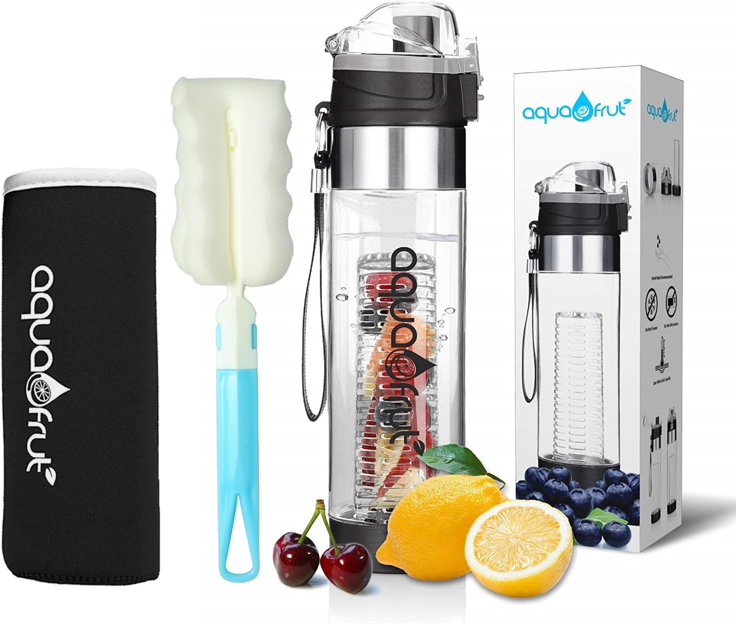 Aquafrut NEW Bottom Loading Fruit Infuser Water Bottle Complete Bundle Includes Bottle Brush, Insulating Sleeve & Infusion Recipe eBook. Leak Proof Sweat Proof BPA-Free (Black)
