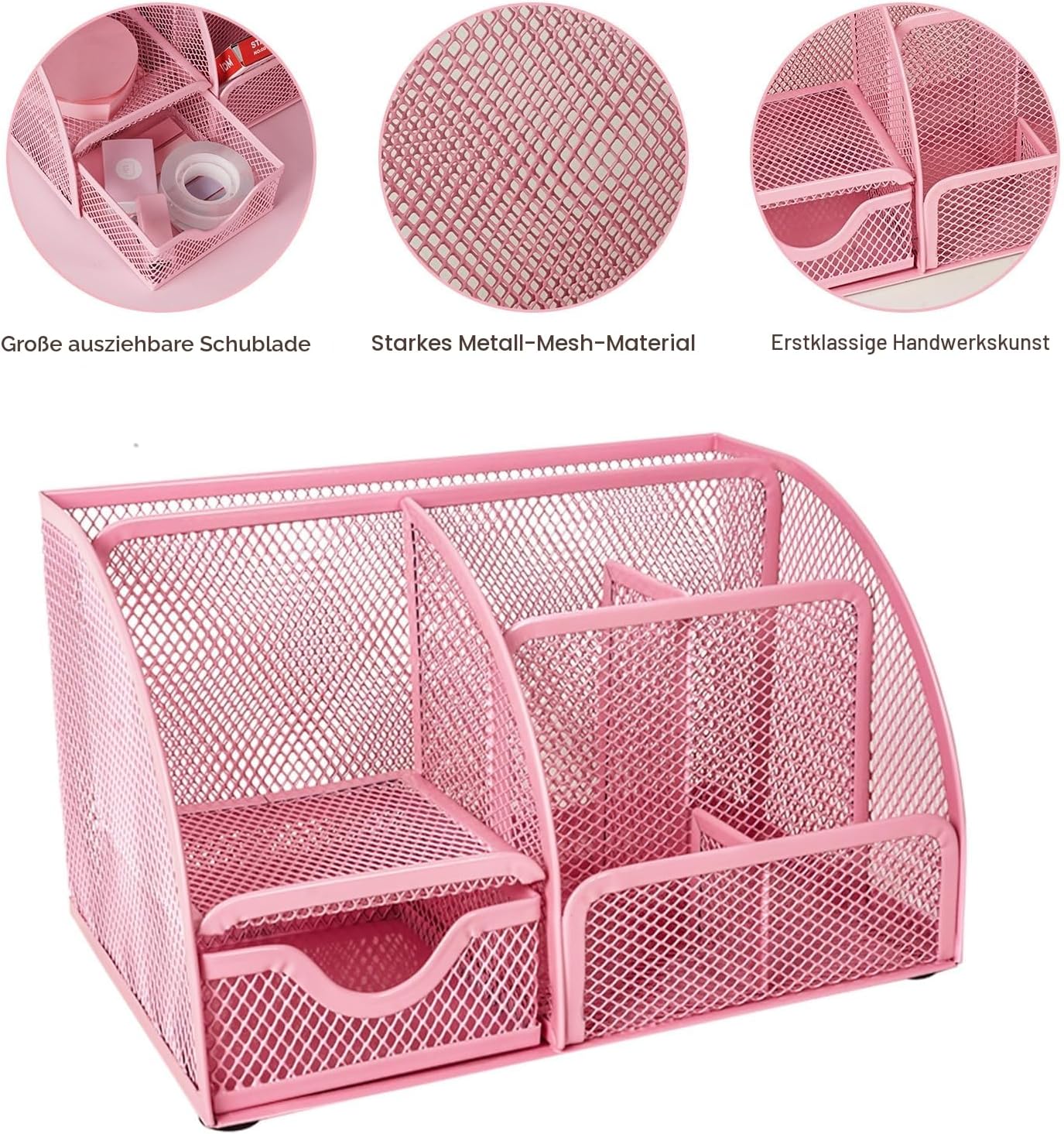 Pink Desk Organizer and Accessories, Pink Gifts Office Supplies Mesh Desk Organizer, Tape Dispenser, Hefter, Tape, Phone Holder, 1000 Staples, Staple Remover, Pen Holder, Clips Set, Ruler, Scissors