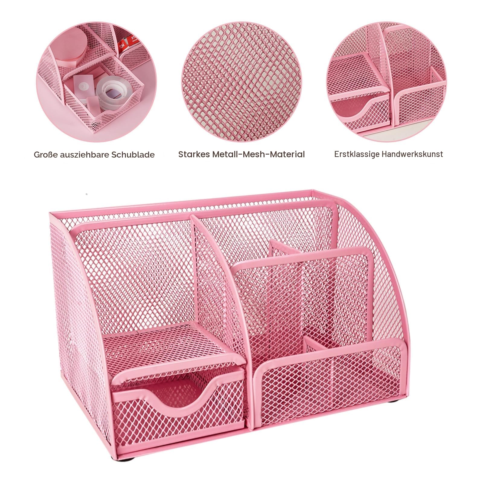 Pink Desk Organizer and Accessories, Pink Gifts Office Supplies Mesh Desk Organizer, Tape Dispenser, Hefter, Tape, Phone Holder, 1000 Staples, Staple Remover, Pen Holder, Clips Set, Ruler, Scissors