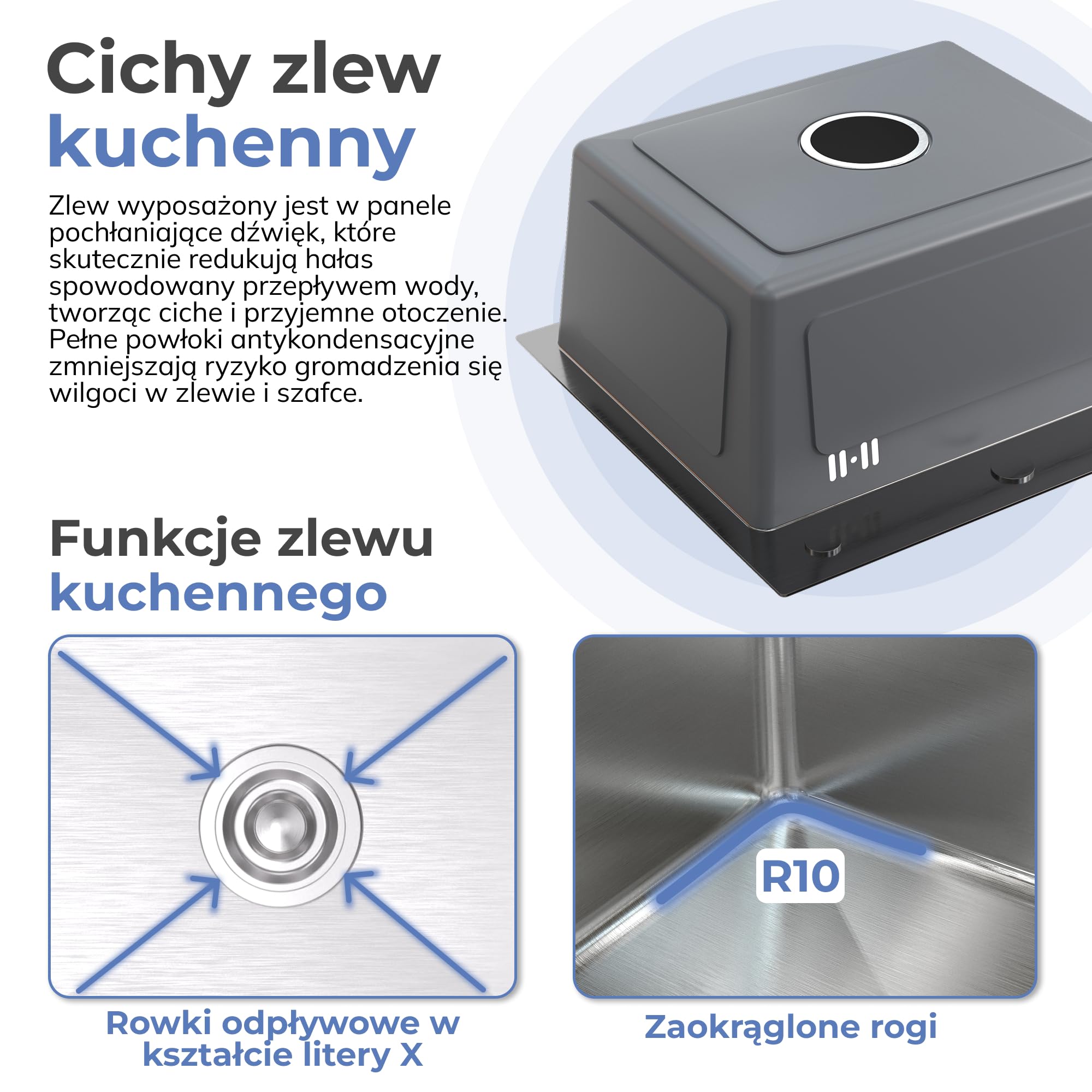 ANW HOME Zlewozmywak Kuchenny 1-komorowy 54x44 cm, Stal Nierdzewna 304 | Wpuszczany/Podblatowy, Powłoka Nano, Grubość 3.0+1 mm, Głębokość 22 cm, Z Syfon