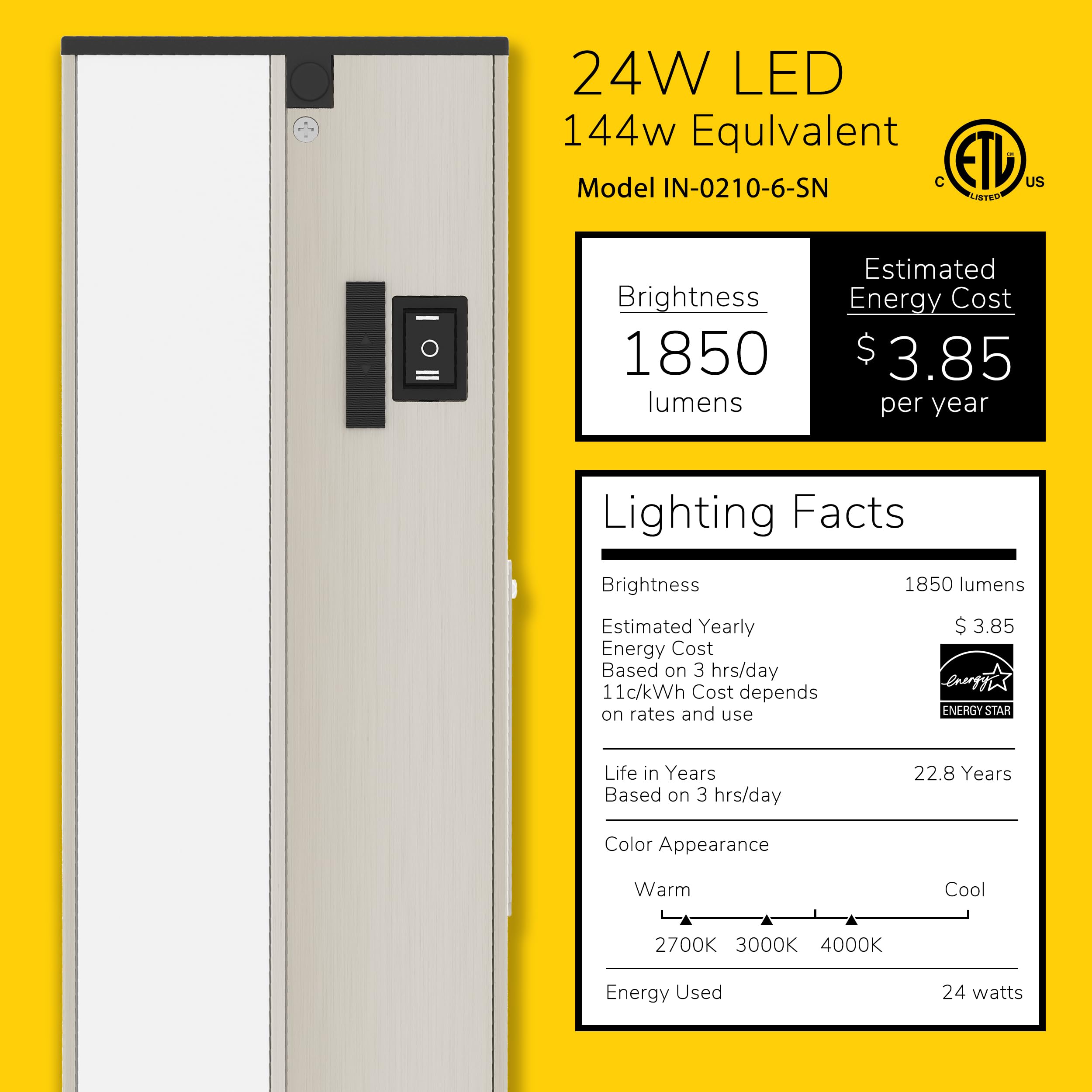 GETINLIGHT 48-inch 3 Color Levels LED Under Cabinet Lighting, Hardwired or Plugged-in, Selectable White 2700K/3000K/4000K, Dimmable, Brushed Nickel Finished, IN-0210-6-SN