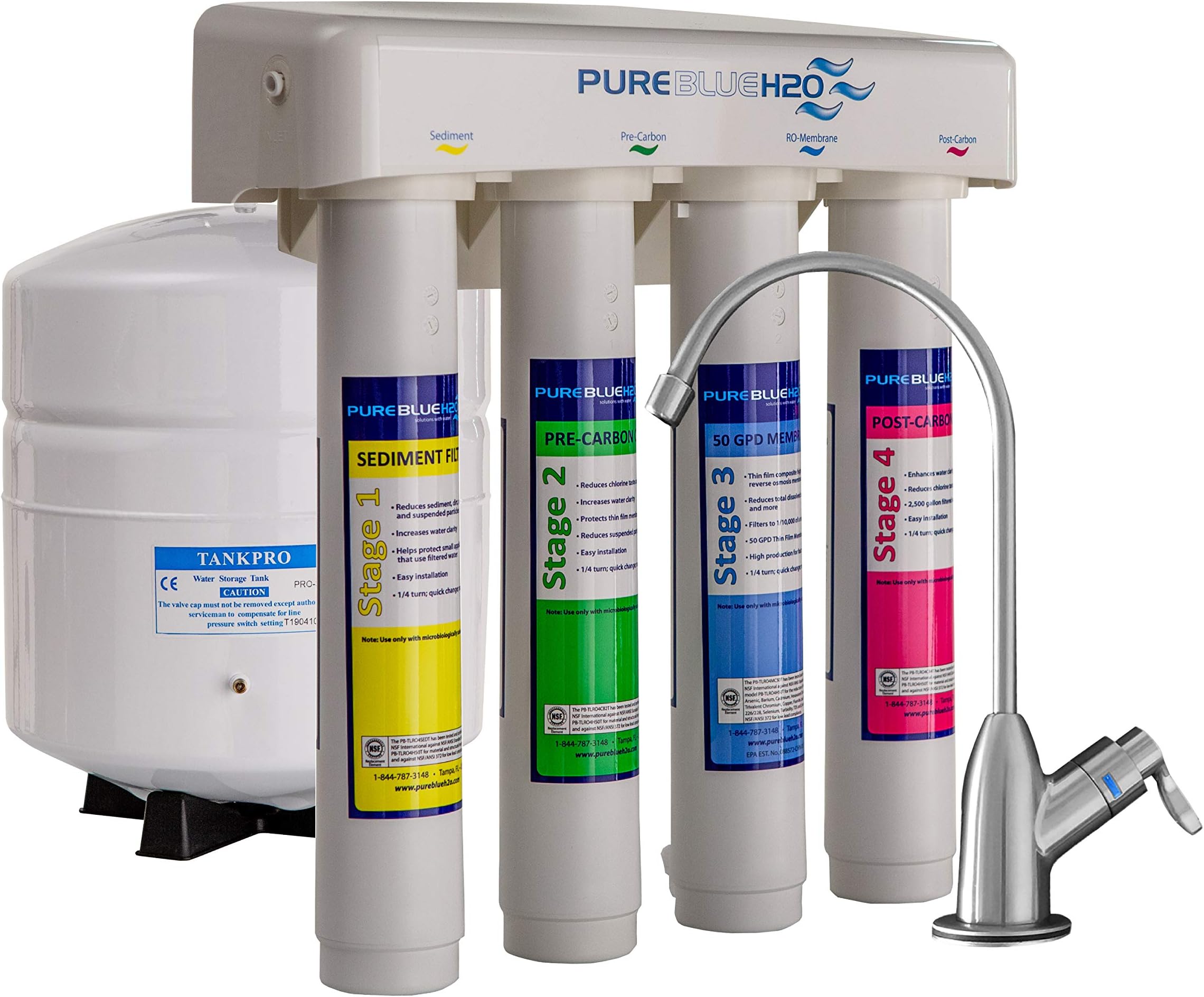 Pure Blue H2O 4-Stage 50 GPD Certified Reverse Osmosis Water Filter System