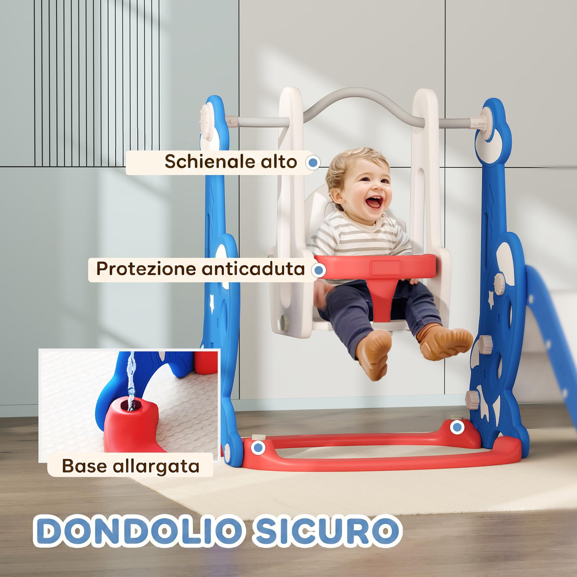 Qaba 4-in-1 Kletterrutsche mit Basketballkorb, 1,5-4 J., dunkelblau | Baby-Kinder Indoor-Rutsche-Schaukel-Set, Indoor-Spielplatz, für Jungen Mädchen Kleinkind, Raketen-Thema