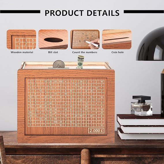 Cash Vault Wooden Savings Box With Counter and Erasable Pen, Decorative Money Bank Box for Home Adults and Kids