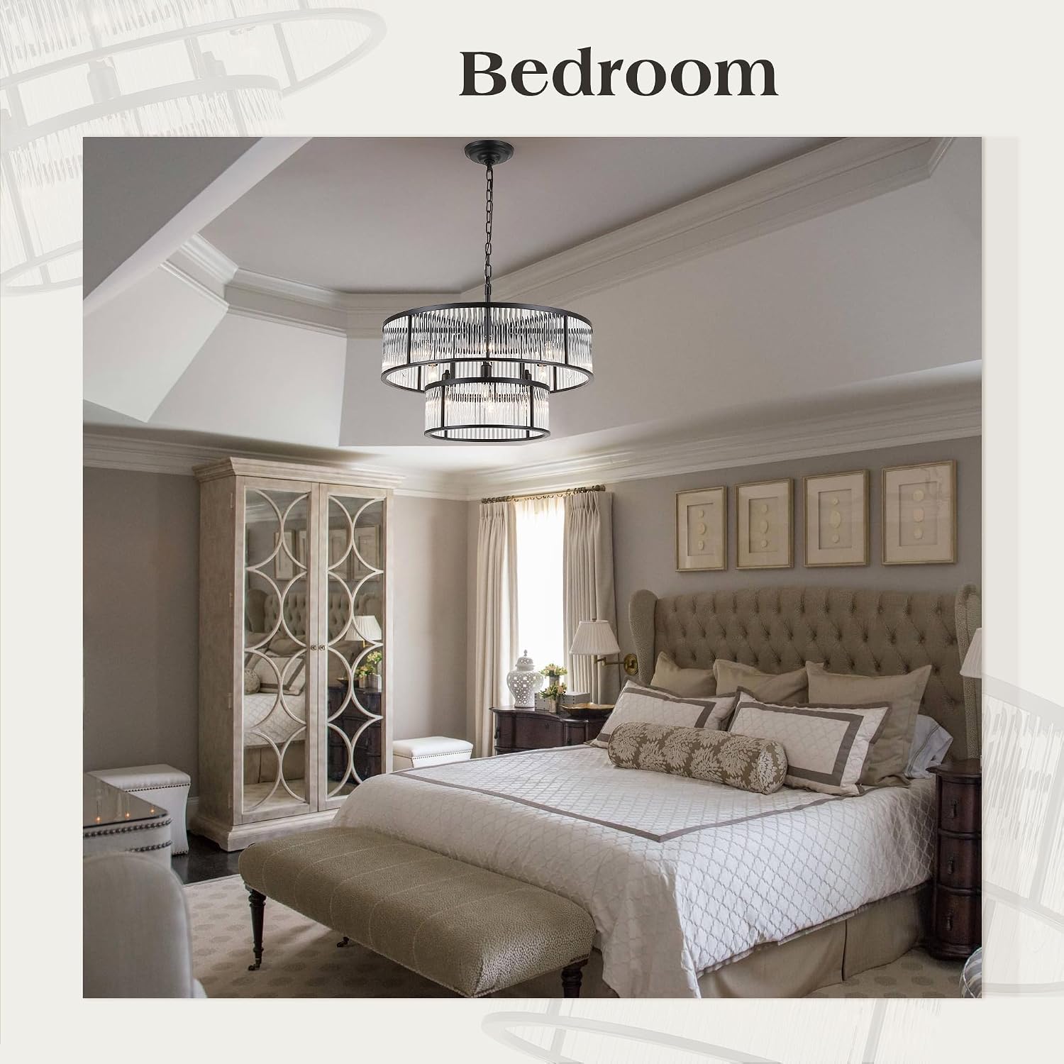 W23.6 Black Glass Chandelier for Dining Room Modern 2-Tier Round Glass Chandelier for Kitchen Contemporary Raindrop Pendant Ceiling Light Fixture for High Ceiling Foyer Entryway 10 Lights