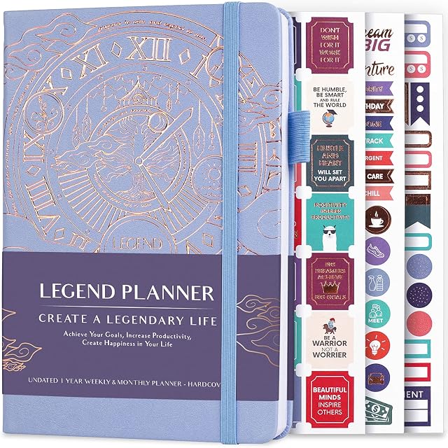 Legend Planner  Deluxe Weekly & Monthly Life Planner to Hit Your Goals & Live Happier. Organizer Notebook & Productivity Journal. A5 Hardcover, Undated  Start Any Time + Stickers  Periwinkle Gold