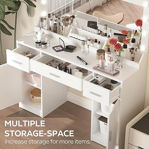 Miniatura 4 de MIRROTOWEL Escritorio de tocador con espejo y luces, tocador con cajón grande, cómoda de almacenamiento de 2 niveles y 3 modos de iluminación de