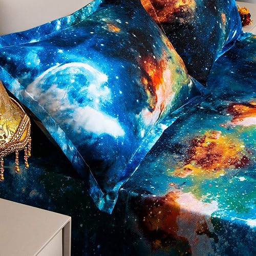 Miniatura 5 de Bedlifes - Juego de sábanas con temática de galaxia de 3 piezas, una sábana encimera, una sábana bajera con 1 funda de almohada (azul, tamaño