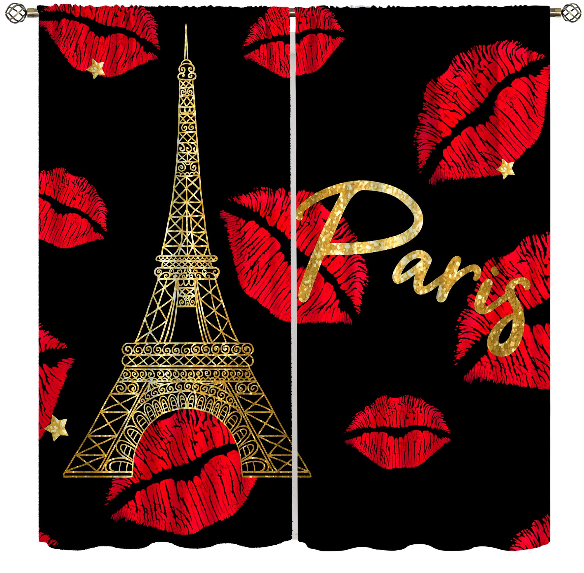 AAVEUP Lips Paris Curtains, Red Heart Fashion Romantic France Eiffel Tower Window Treatments, Thermally Insulated Drapes for Kids Girls Women Bedroom