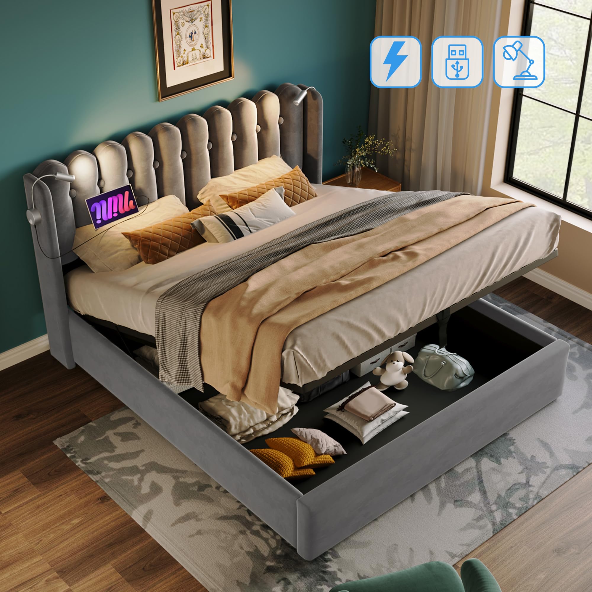 Letto imbottito 160 x 200 cm con funzione di ricarica, luce da lettura e spazio – velluto grigio, con materasso, testiera con USB, letto per ragazzi, portata 300 kg