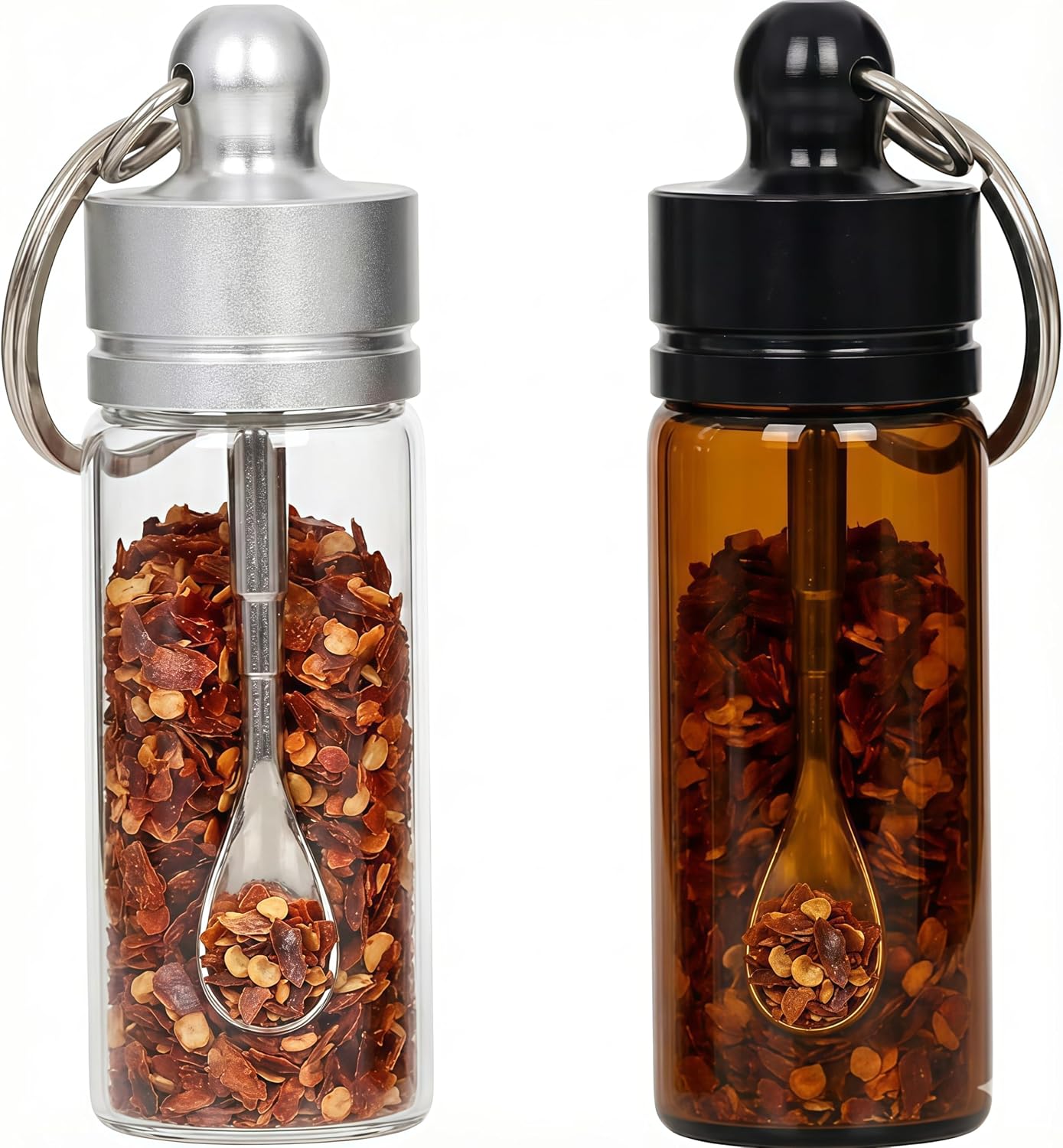 2 Pack Mini Salt and Pepper Shakers for Camping - Portable Travel Spice Jars with Integrated Spoon - Moisture Proof Seasoning Containers for Outdoor Picnics, Hiking, and Lunch Boxes