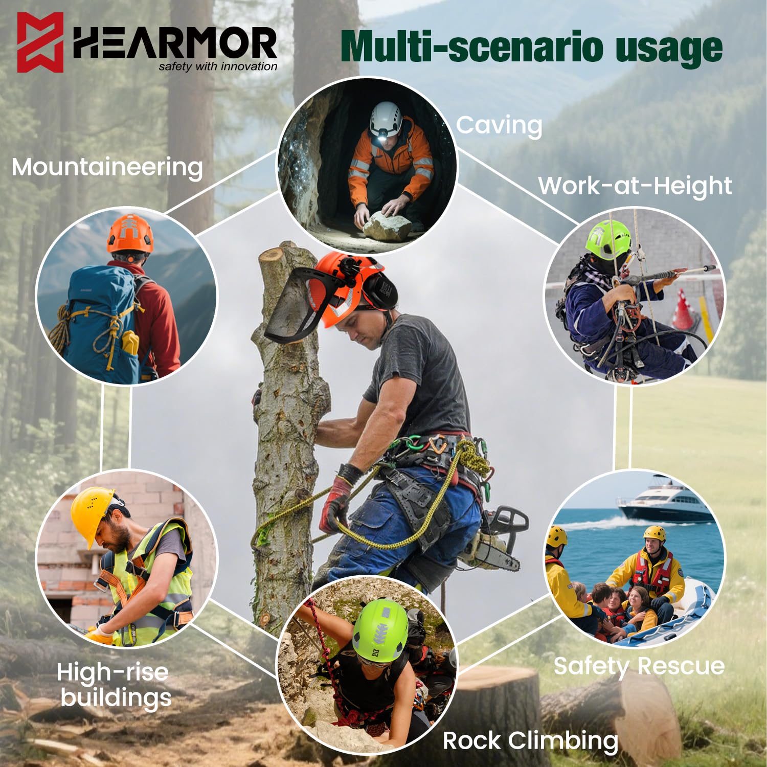 HEARMOR Mervex Forest Air Casque de sécurité ABS pour lieux de travail aériens forestiers Certifié EN12492 Conforme à la norme EN397 Résistant aux chocs et à la pénétration Casque de sécurité pour