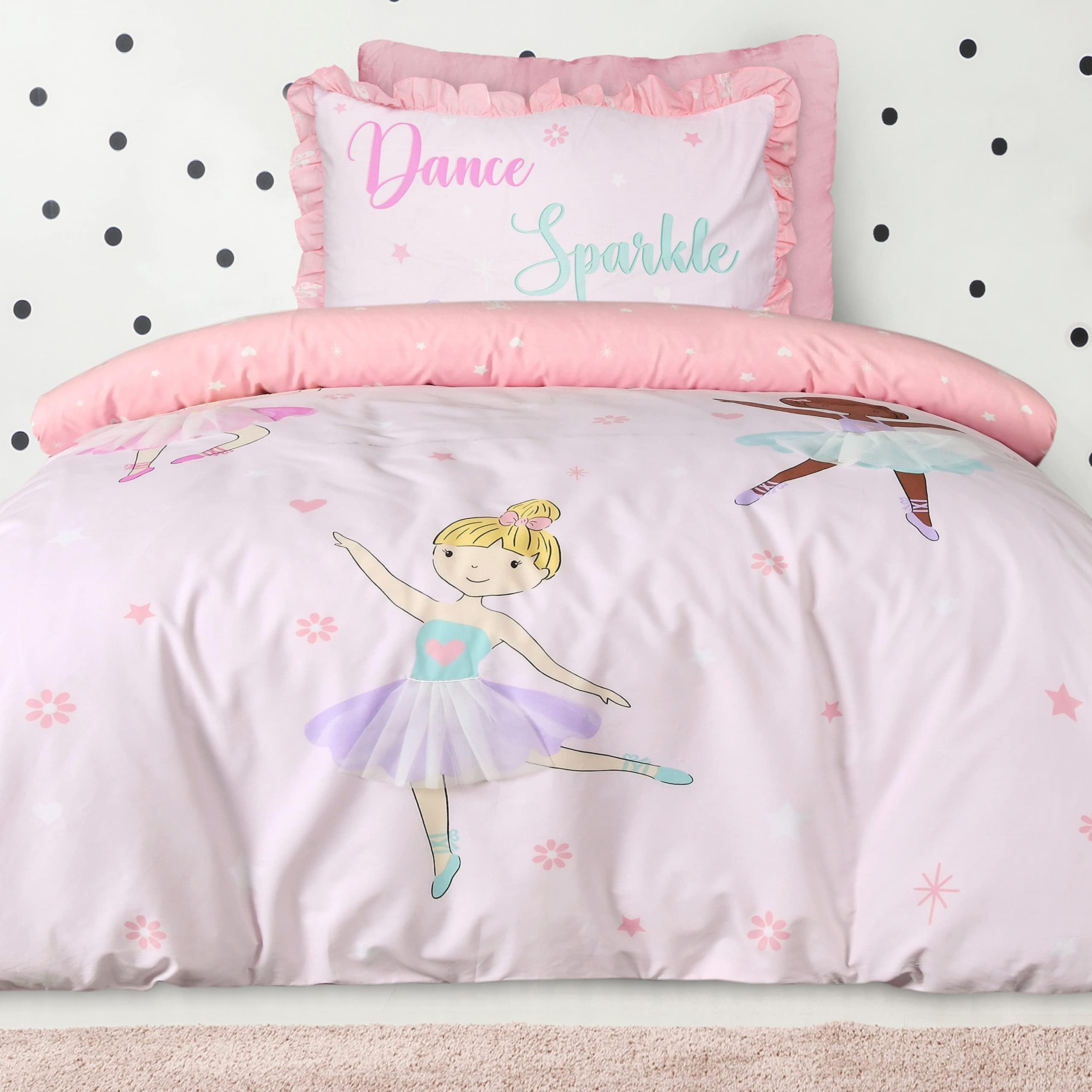 Sleepdown Kids Girls Childrens Dancing Ballerinas Blush Pink Reversible Duvet Cover Quilt Bedding Set with Pillowcase Soft Easy Care Bed Linen - Single (135cm x 200cm), 5056557512171, Multicolor