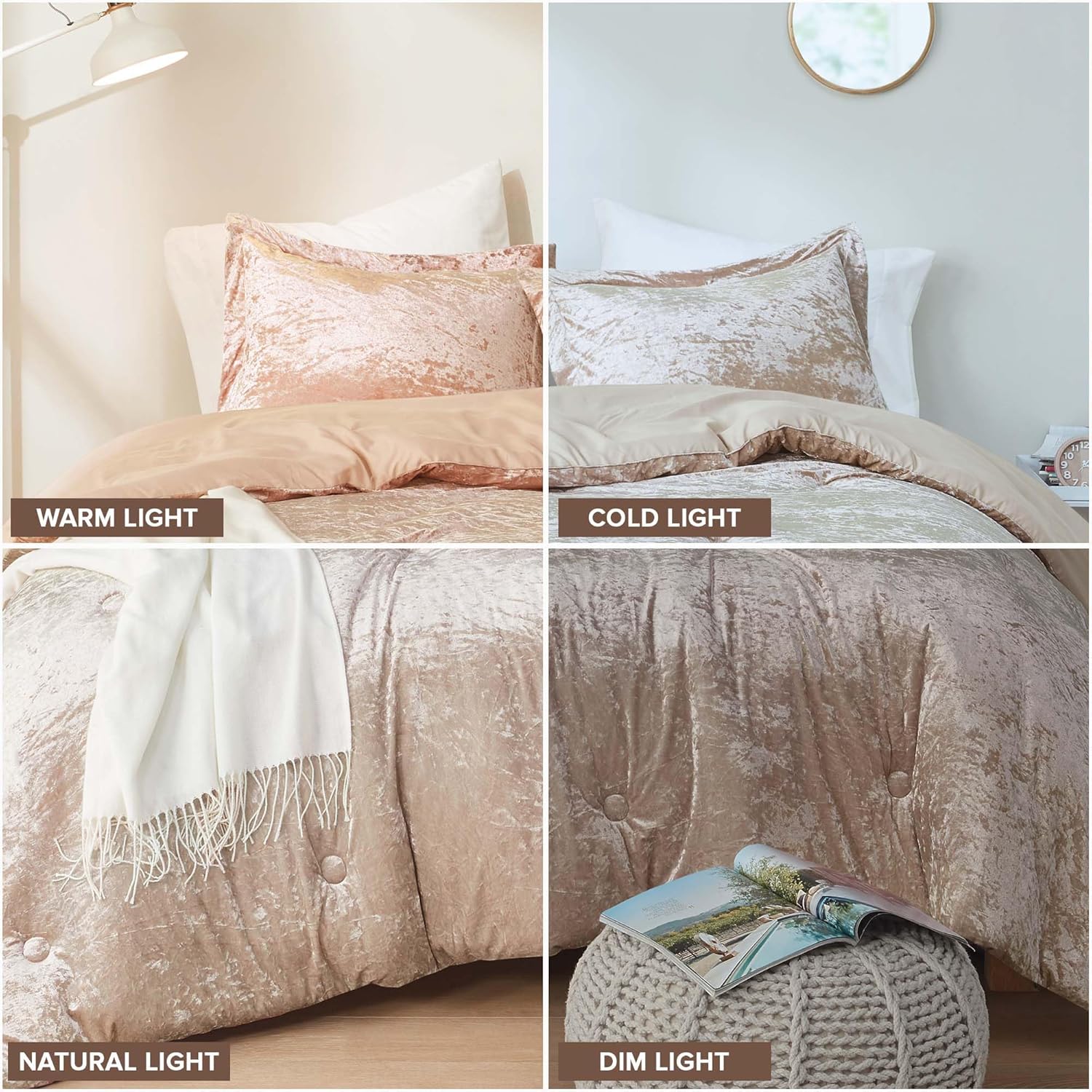 Comfort Spaces Luxe Queen Comforter Set Velvet Comforters for Queen Size Bed, Microfiber Reverse, Juliette, All Season Velvet Bedding Queen Size, Fluffy Bed Set, Sham, Full/Queen, Champagne 3 Piece - Image 6