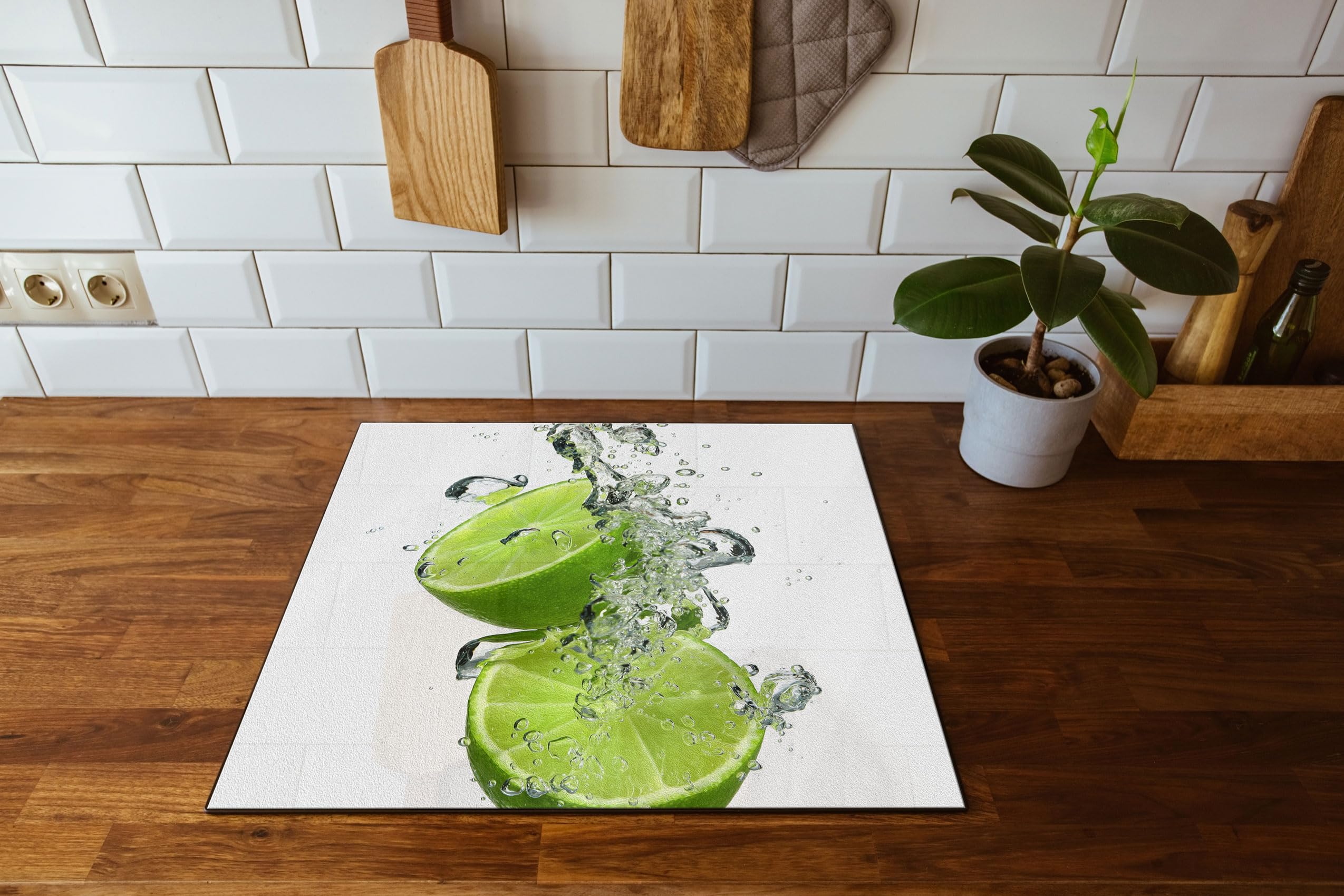 Leckere grüne Limetten im Wasser Herdabdeckplatte & Spritzschutz aus Echtglas | Für Herd-Kochfelder | 60x52 cm