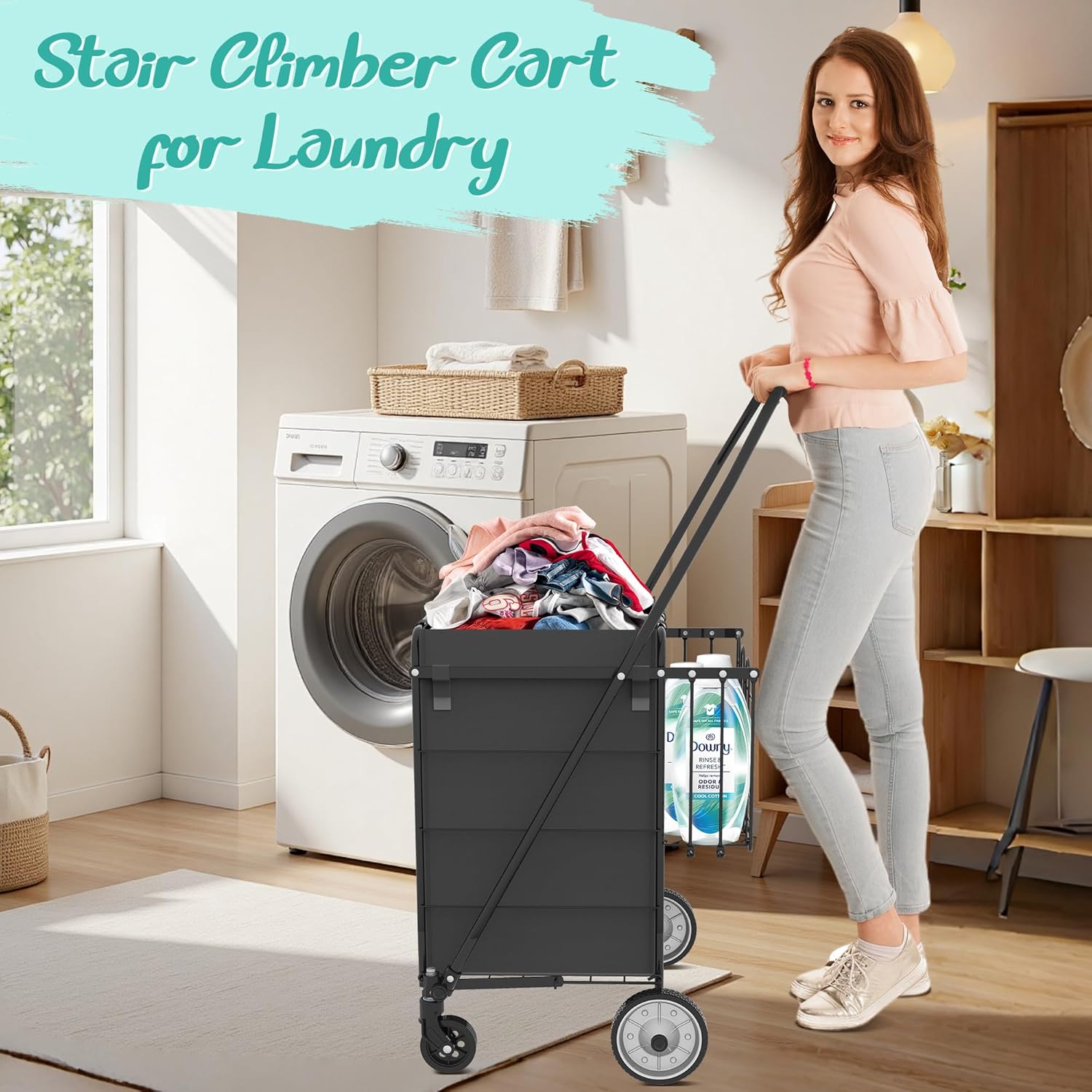 JIALIJIU Folding Grocery Cart on Wheels - Waterproof Bag Included, 10-min Assembly Utility Wagon, Lightweight Shopping Cart with 360° Swivel Wheels for Grocery, Apartments, Laundry, Max Load 100 lbs