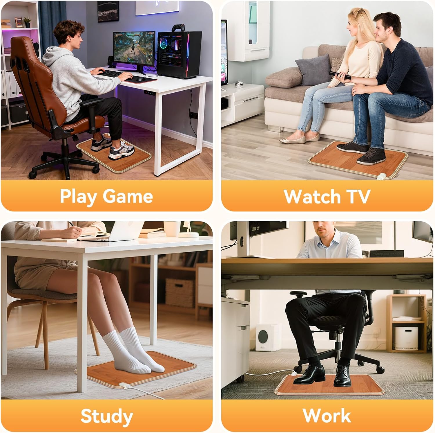 Heated Floor Mat, Foot Warmer Under Desk with 12 Adjustable Temperature & 12H Timer, 20"x12" Electric Heating Pad for Office Home, Safe with Shoes On, Brown Wood Grain, Feet Rest for Desk - Image 3