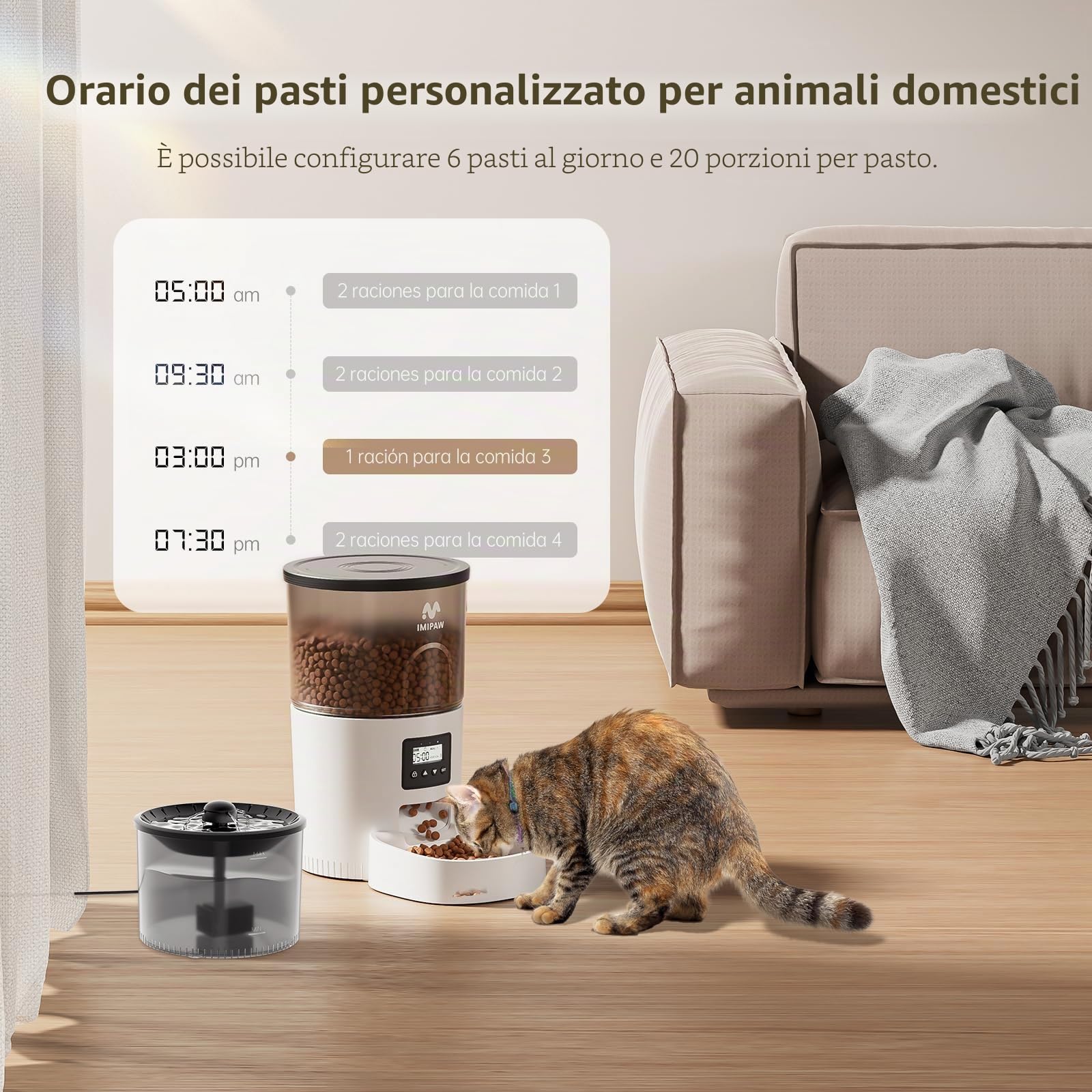 IMIPAW Distributore Automatico di Cibo per Gatti con Fontanella - Combo 3L | Dispenser Programmabile per Cani e Gatti, 1-6 Pasti al Giorno, Fontana con Filtro
