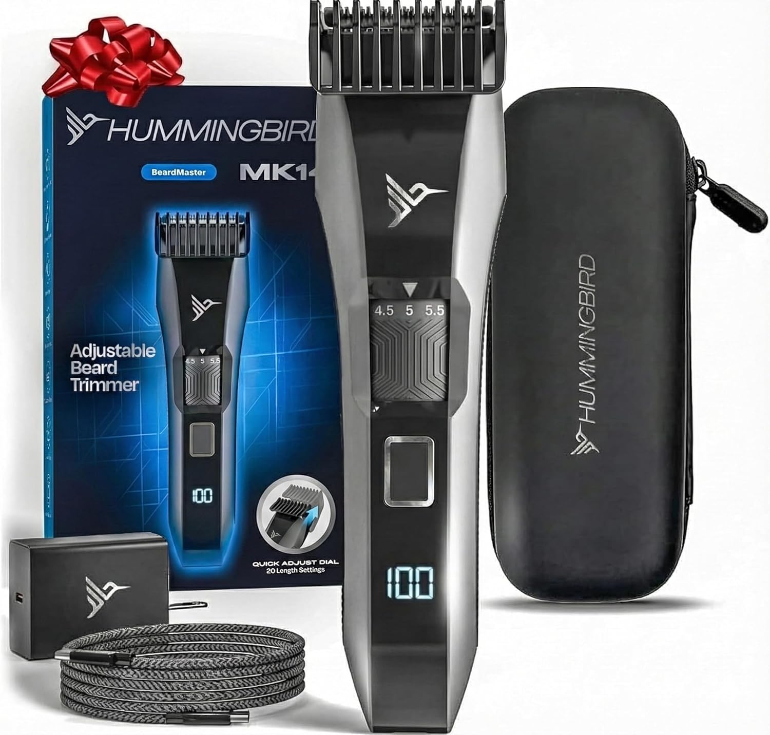 HUMMINGBIRD MK14 BeardMaster – Premium Beard Trimmer for Men, Precision Dial, Adjustable 20 Length Settings, Stainless Steel T-Blade, Cordless USB-C Rechargeable, Waterproof, LED Display, Travel Case