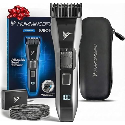 HUMMINGBIRD MK14 BeardMaster – Premium Beard Trimmer for Men, Precision Dial, Adjustable 20 Length Settings, Stainless Steel T-Blade, Cordless USB-C Rechargeable, Waterproof, LED Display, Travel Case