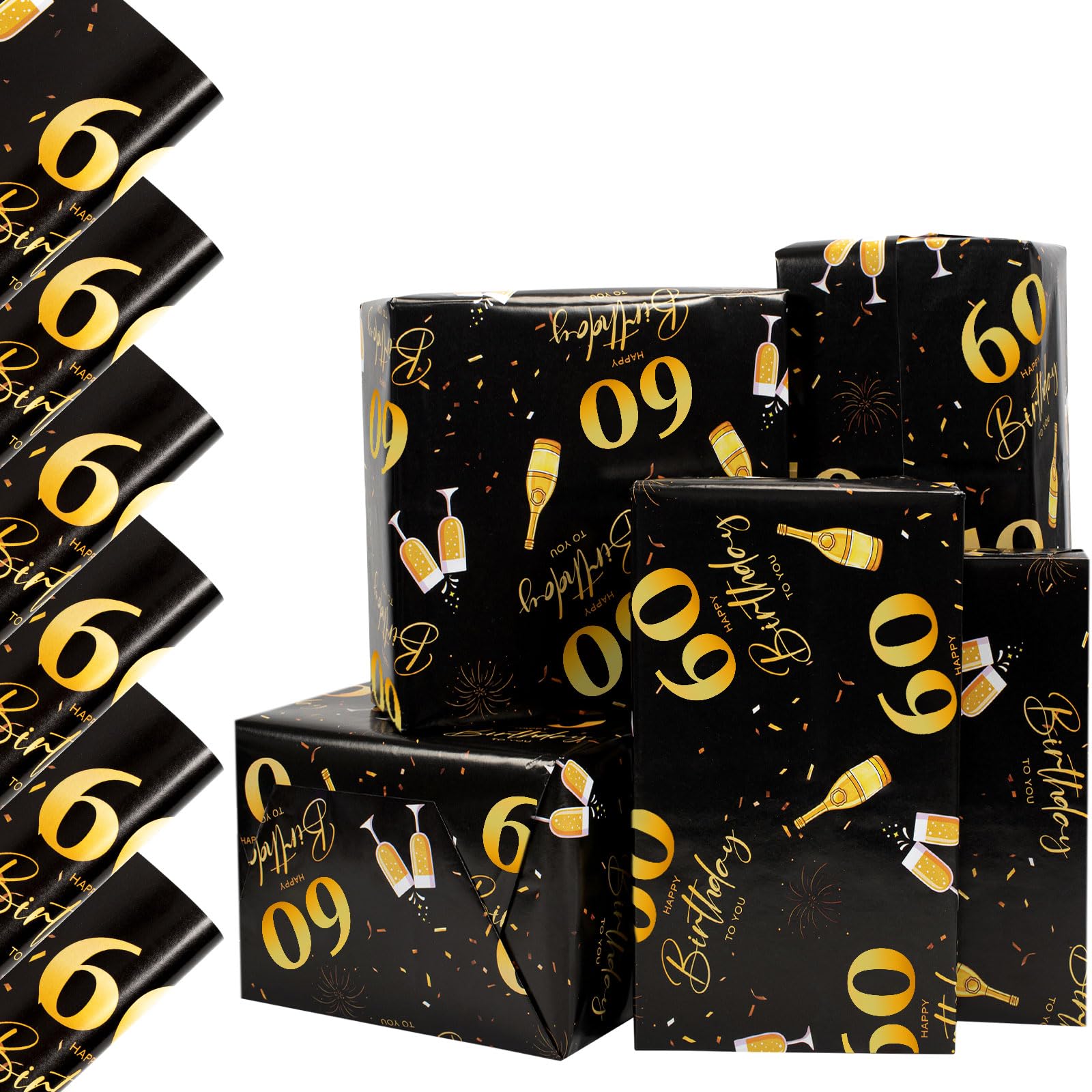 Vinuwu 6 Sheets 60th Birthday Wrapping Paper, 70x50cm Black & Gold Celebration Happy Birthday Gift Wrap Paper for Women Ladies Female Men, Decorations Recyclable - 60th