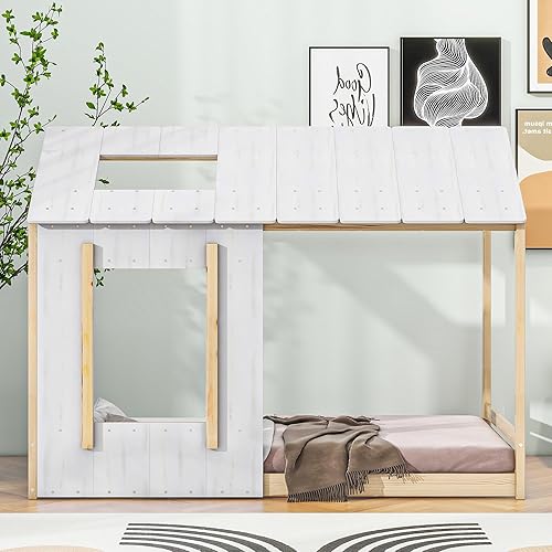 Cama individual para niños, cama Montessori con techo y ventana, marco de madera con estilo cabaña de diseño rústico, casa de juegos para niñas,