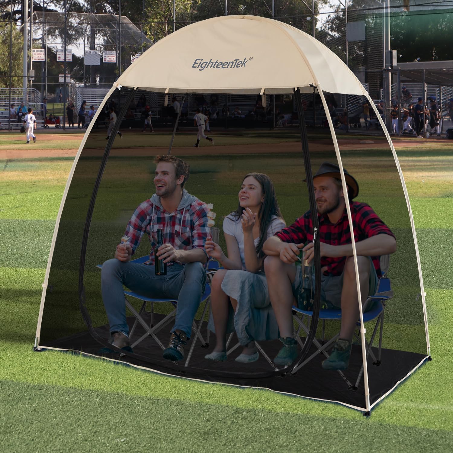 EighteenTekPod All Weather Sports Tent Shelter Screen House Room Pop Up Gazebo Outdoor Camping Canopy Tent Sun Shade Shelter Mesh Walls Not Waterproof, 10' x 10' x 7', Beige