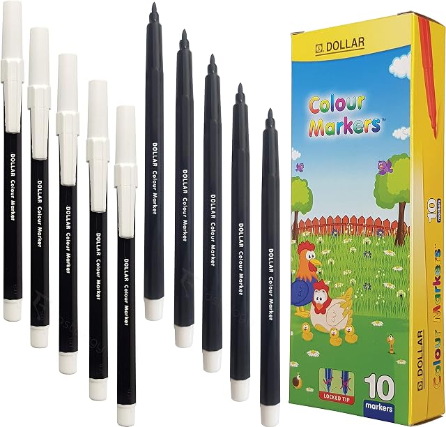 DOLLAR Watercolour Felt Locked Tip Single Colour Pens Writing Pack Write Shade Draw Sketch Mark (10 x 0.5mm BLACK Felt Tip Pens + 1 x PATEL Black Ball Pen)