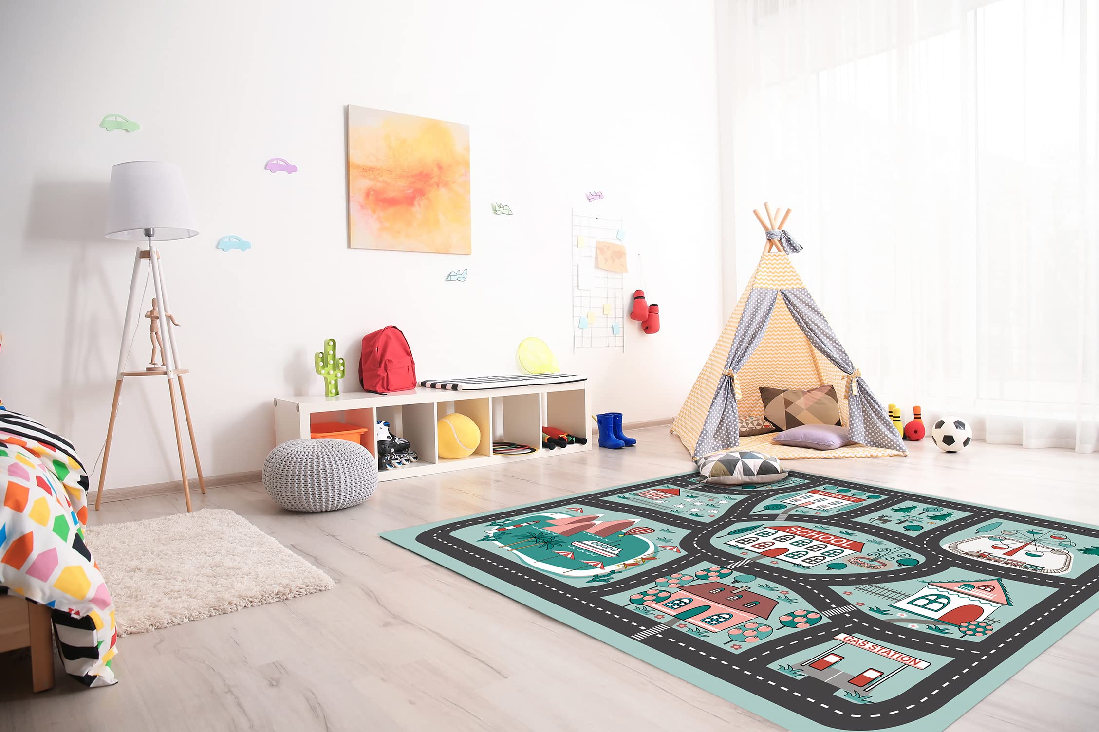 DobleUve Estudio Alfombra Vinílica Infantil 03 | Color Azul | 200x300 cm | Lavable | Carretera Infantil Grande | Habitación