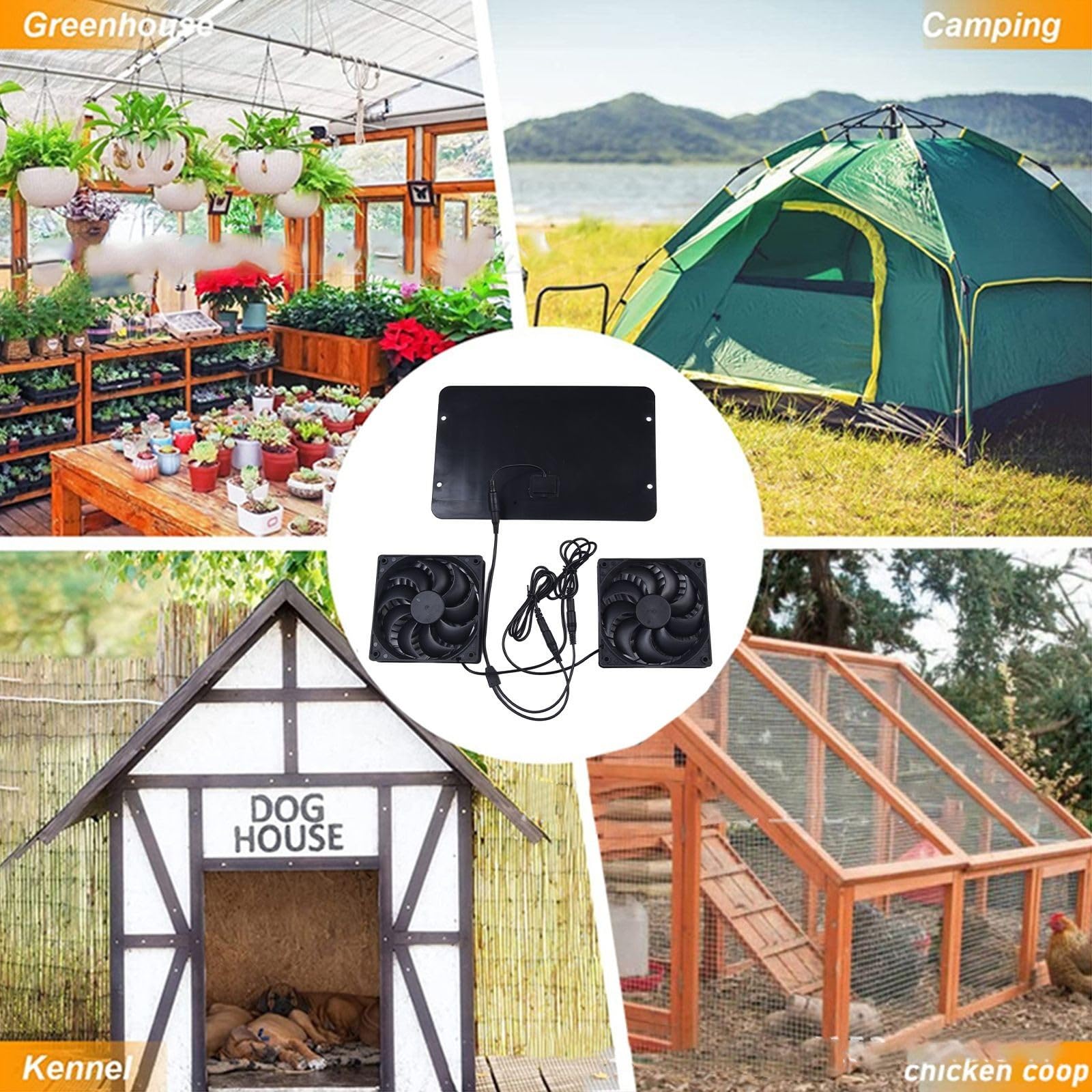 Solarbetriebener Ventilator, doppelter Abluftventilator für Gewächshaus, 12 V 10 W, tragbarer Umwälzungszirkulator mit Metallschutz, dauerhaftes ABS und monokristallines Silikon