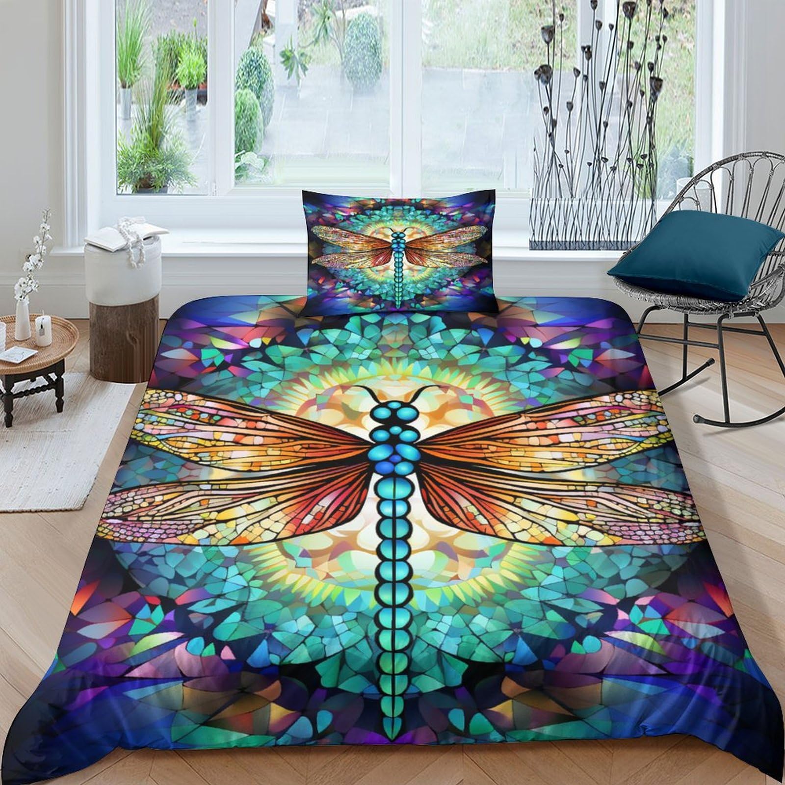 Housse de couette libellule 135x200 cm avec 2 taies en microfibre