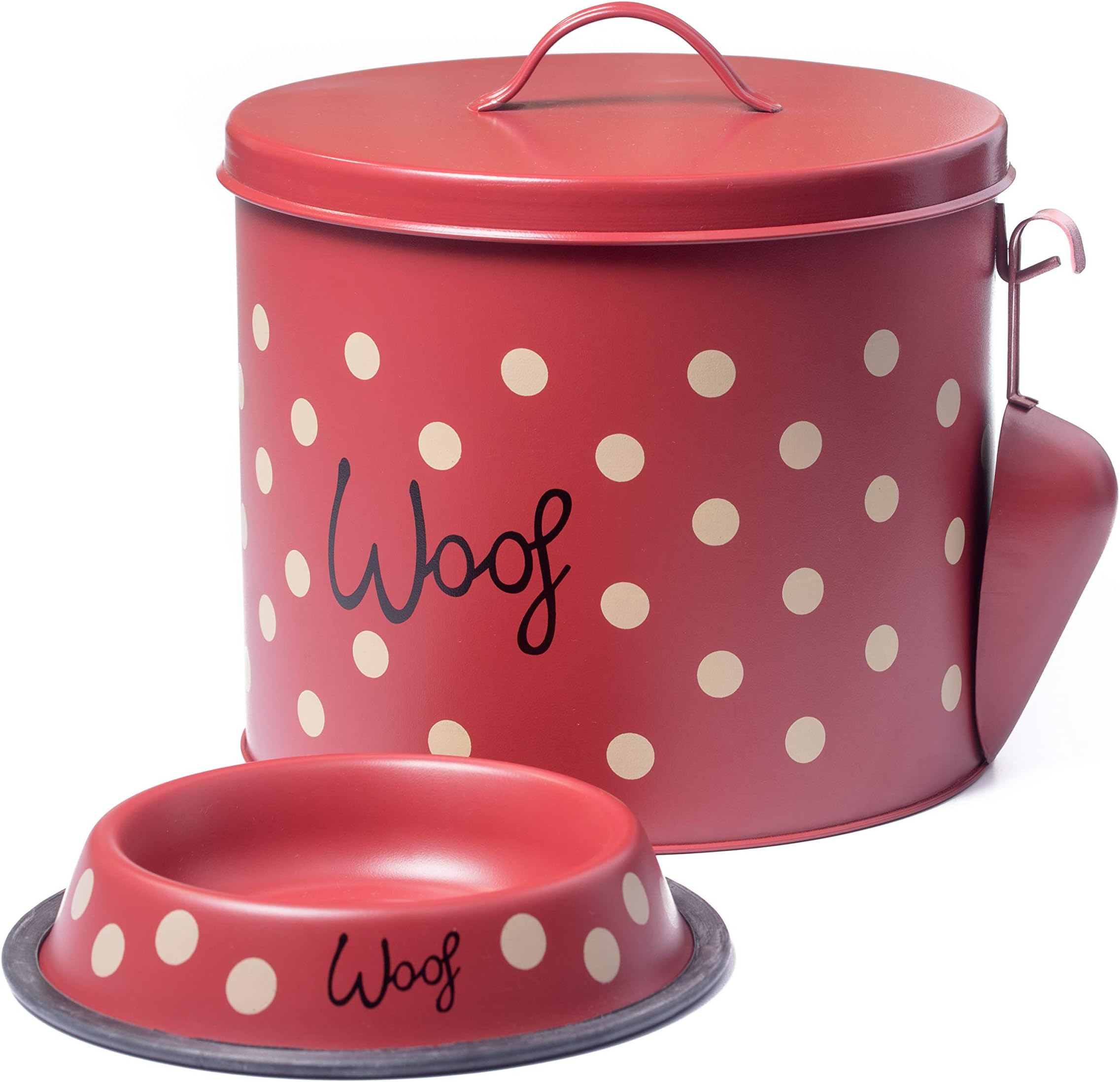 Dog Food Storage Container Set. Red Decorative Polka Dot Canister with Bowl & Scoop Accessories. Airtight Canister Lid. This Pet Treat Jar Fit's Up To 10 lbs of Treats or Food.