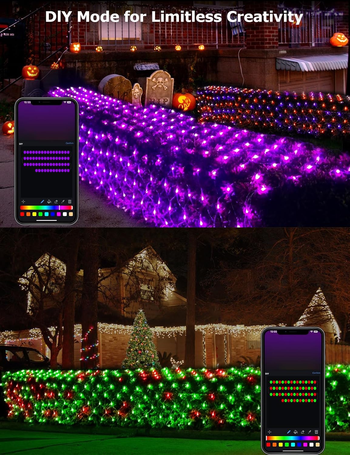 Smart Outdoor Net Lights 4*18ft with RGBW DIY Modes, 300 LEDs Christmas Net Lights with 100+ Preset Scenes and Timer Music Sync, Waterproof for Bushes Shrubs Tree Decoration, APP & Remote Control