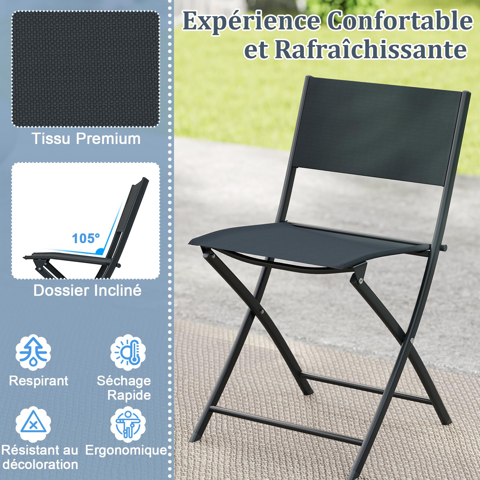 GOPLUS Salon de Jardin Exterieur 2 Personnes, Salon de Balcon Bistro avec Table en Verre Trempé et 2 Chaises, avec Cadre Métallique pour Terrasse, Jardin et Balcon (2 Personnes,Noir)