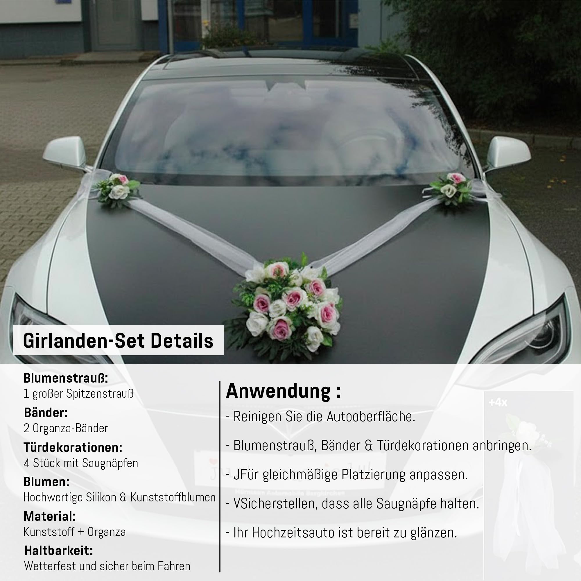 Autoschmuck – Décorations de voiture de mariage – Réalisées à partir de roses et de dentelle
