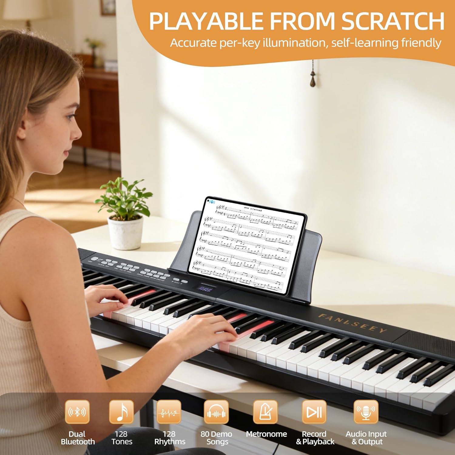 88-Key Folding Digital Piano Keyboard - Full Size Light-Up Keys with Sustain Pedal, Portable Electric Piano (7.5lbs) with Dual Bluetooth, MIDI, Carrying Bag & Headphones for Beginners, Adults(Black)