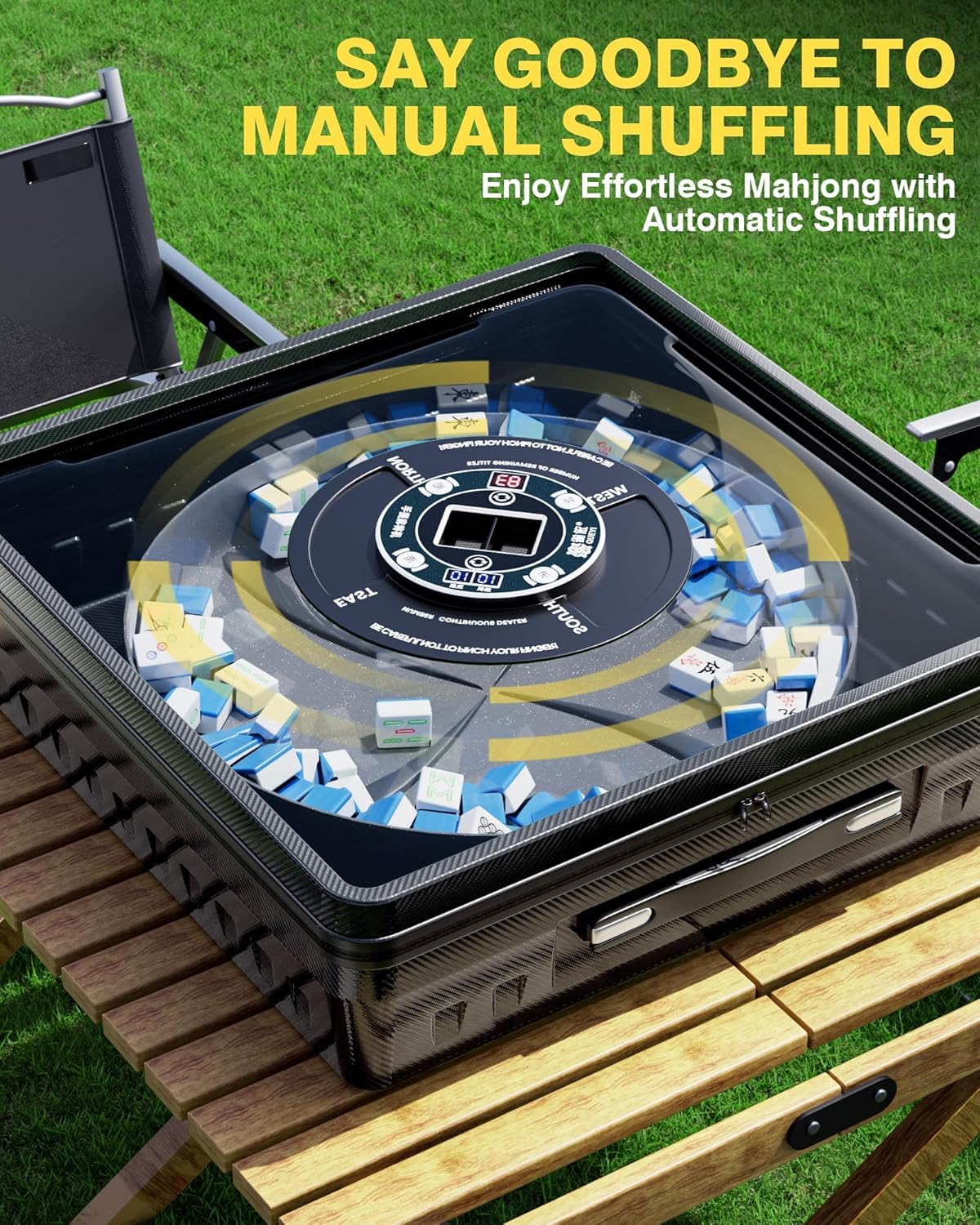PYY Portable Automatic Mahjong Table - Foldable 144 Magnetic Mini Mahjong Tiles, Smooth Non-Jamming Shuffling, Supports American & Chinese Styles, for Outdoor & Home Fun, Black-Blue